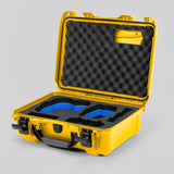 Angled view of DJI Avata 2 Fly More Combo Yellow Color Waterproof Hard Case and Custom Foam Insert with a Blue Layer
