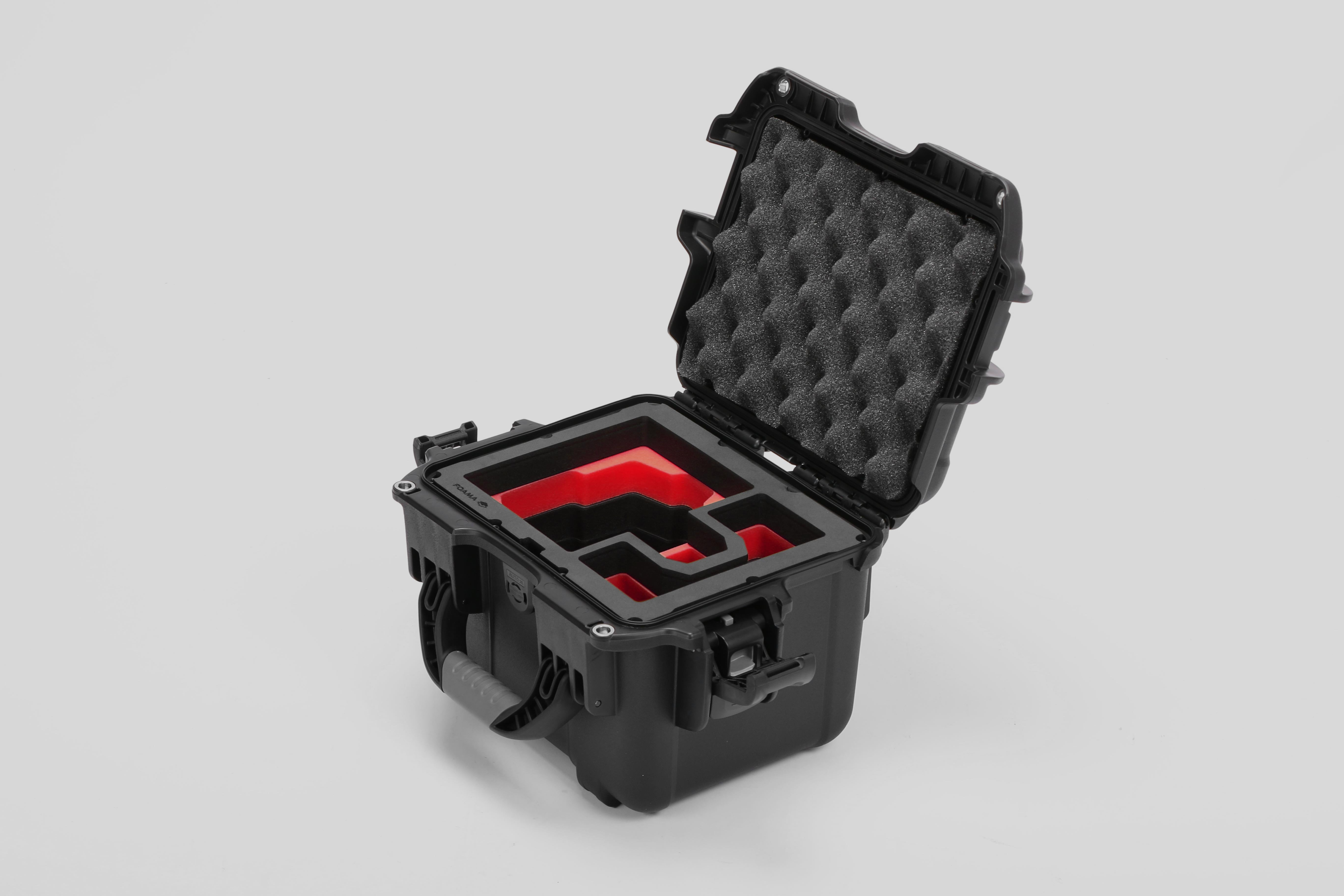 Angled view of DJI Zenmuse H30T Black Color Storage and Carrying Case and Custom Foam Insert with a Red Layer