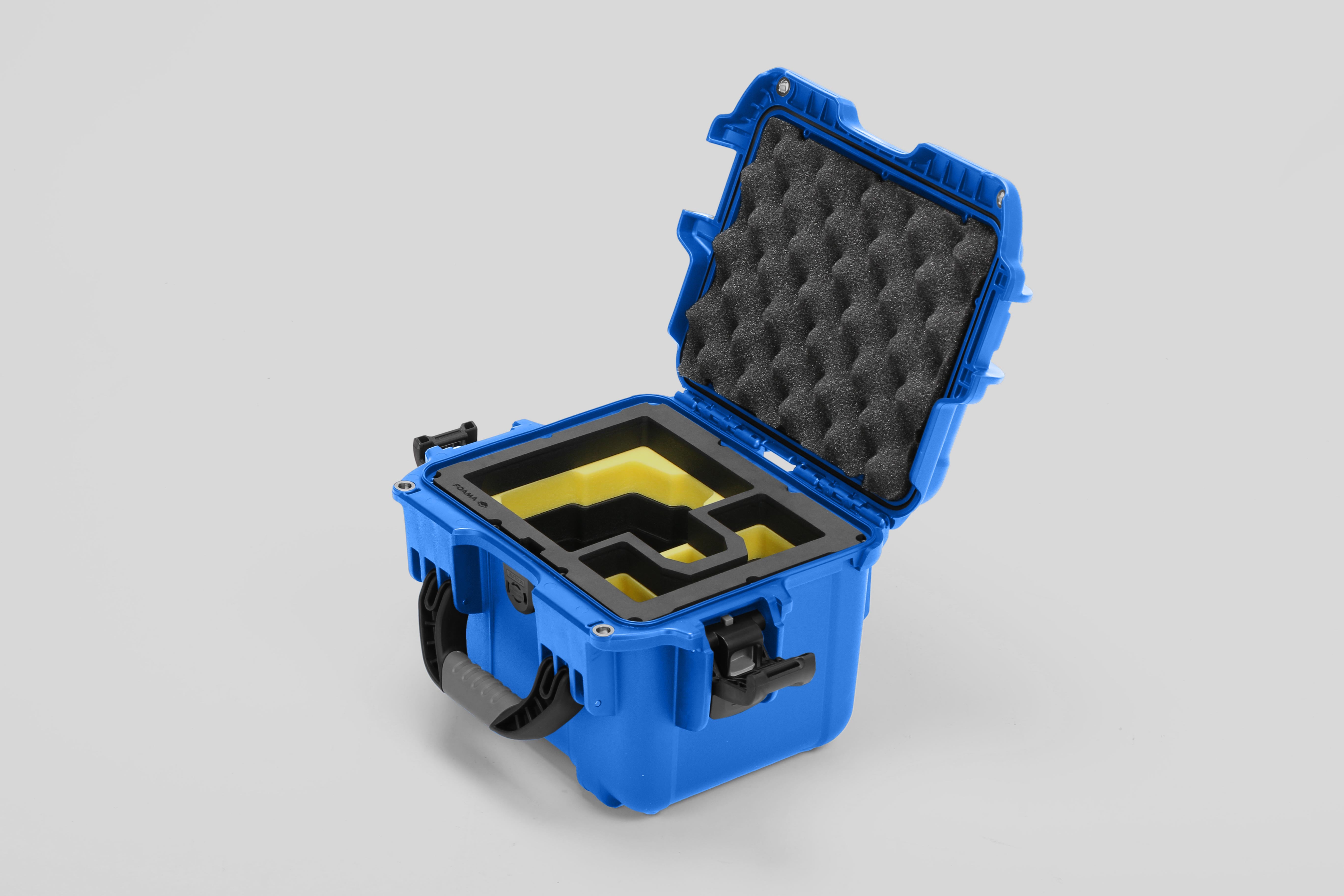 Angled view of DJI Zenmuse H30T Blue Color Storage and Carrying Case and Custom Foam Insert with a Yellow Layer