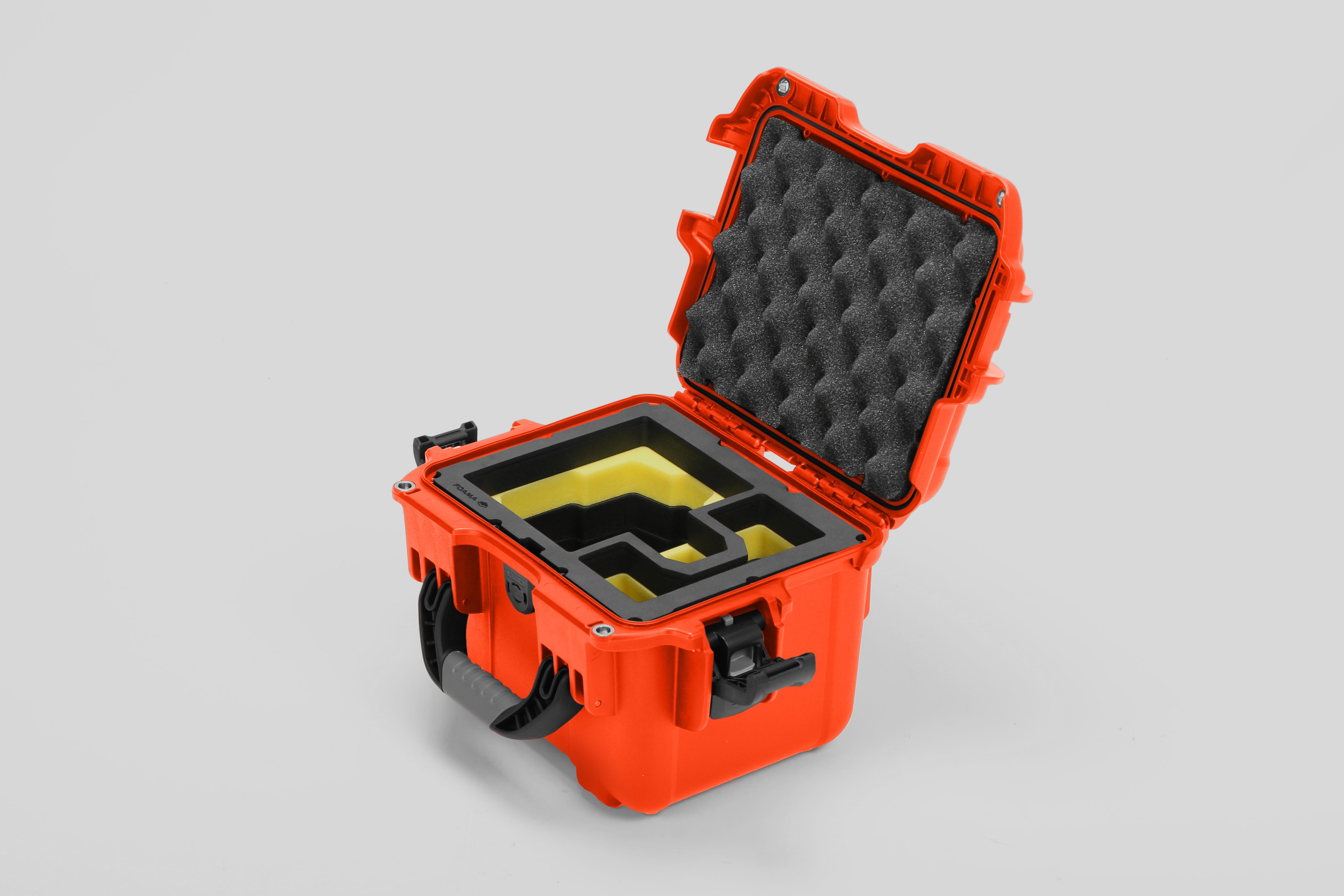 Angled view of DJI Zenmuse H30T Orange Color Storage and Carrying Case and Custom Foam Insert with a Yellow Layer