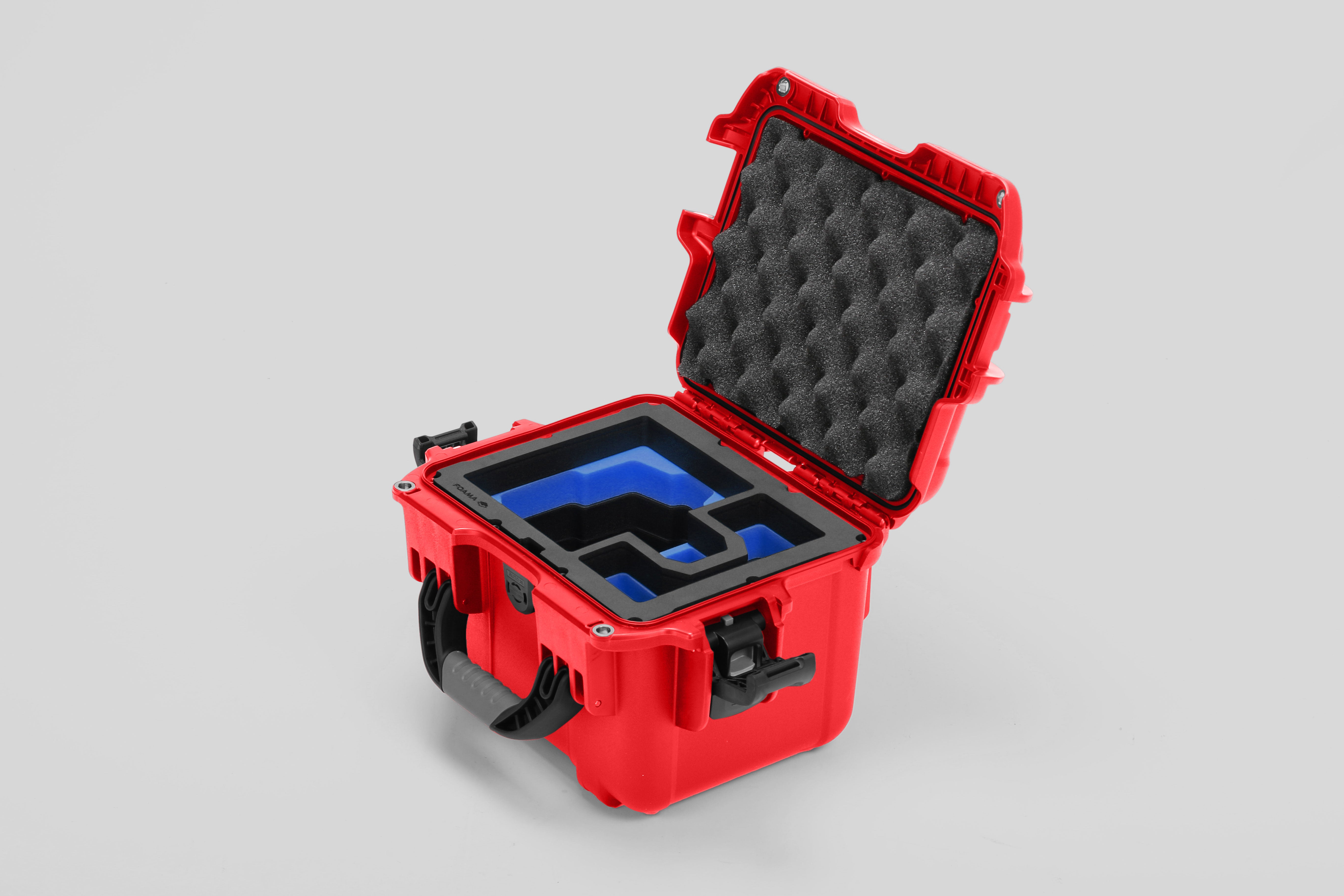 Angled view of DJI Zenmuse H30T Red Color Storage and Carrying Case and Custom Foam Insert with a Blue Layer