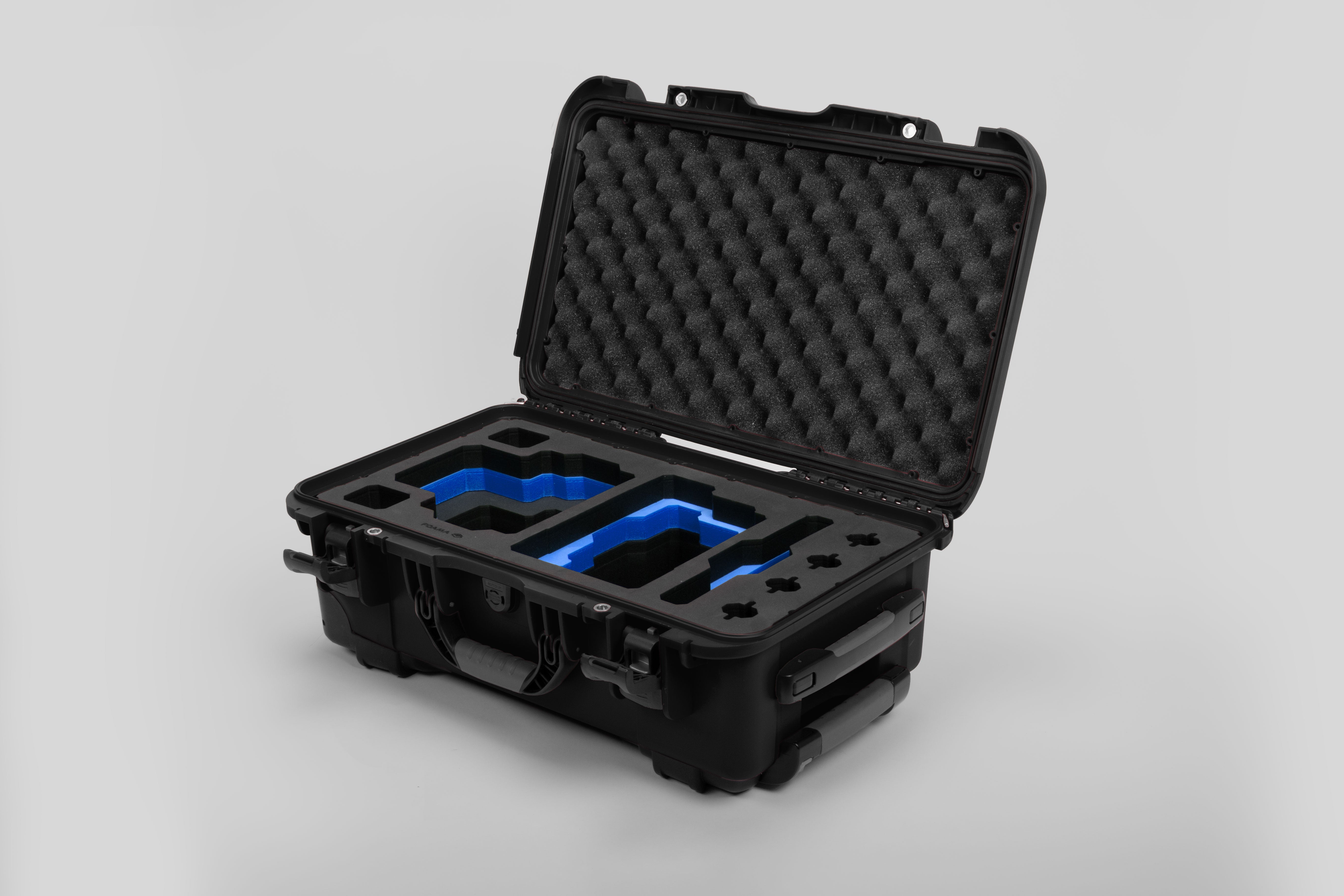Angle view of Black Color RED V Raptor Carry-On Case with Blue Layer Custom Foam Insert