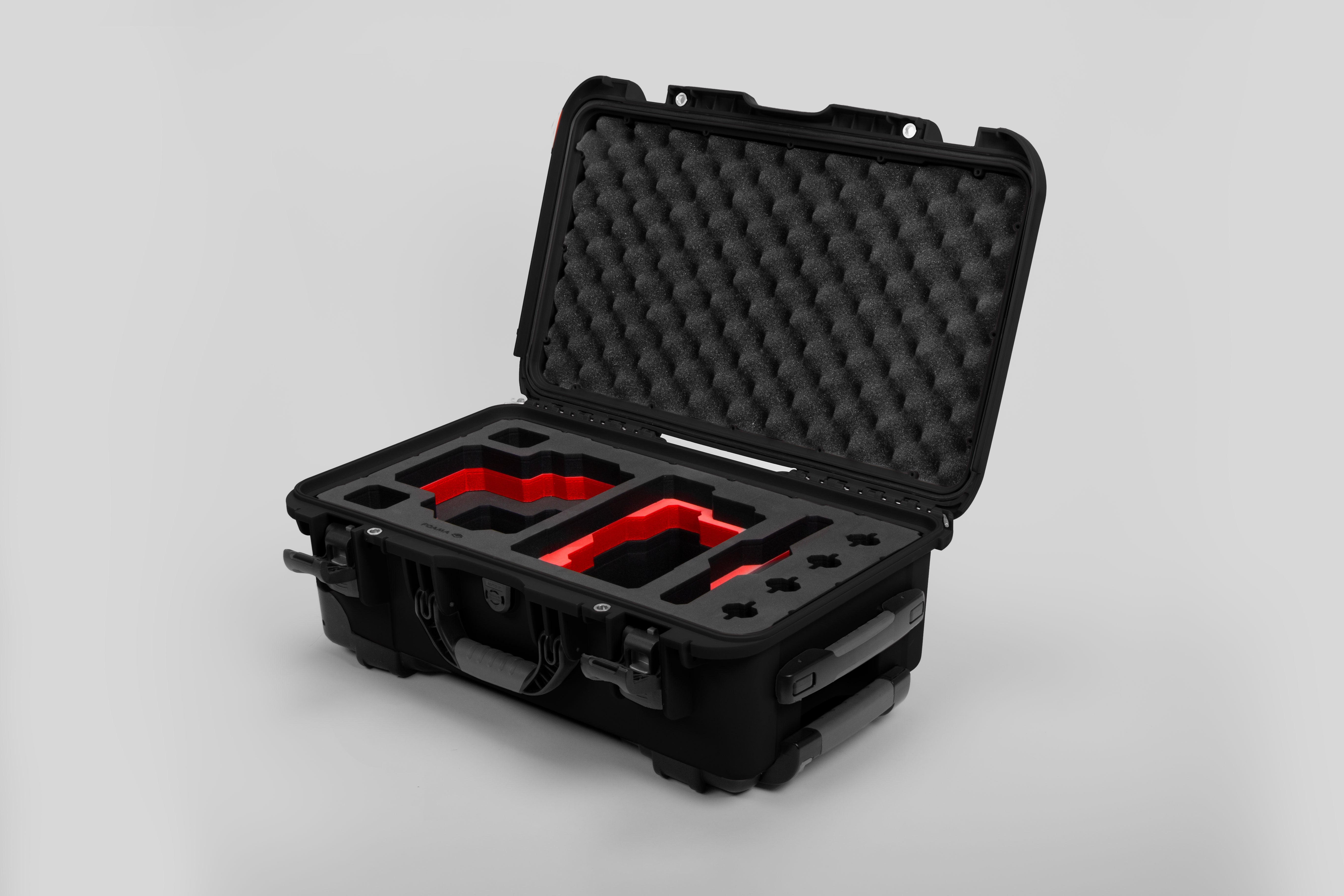 Angle view of Black Color RED V Raptor Carry-On Case with Red Layer Custom Foam Insert