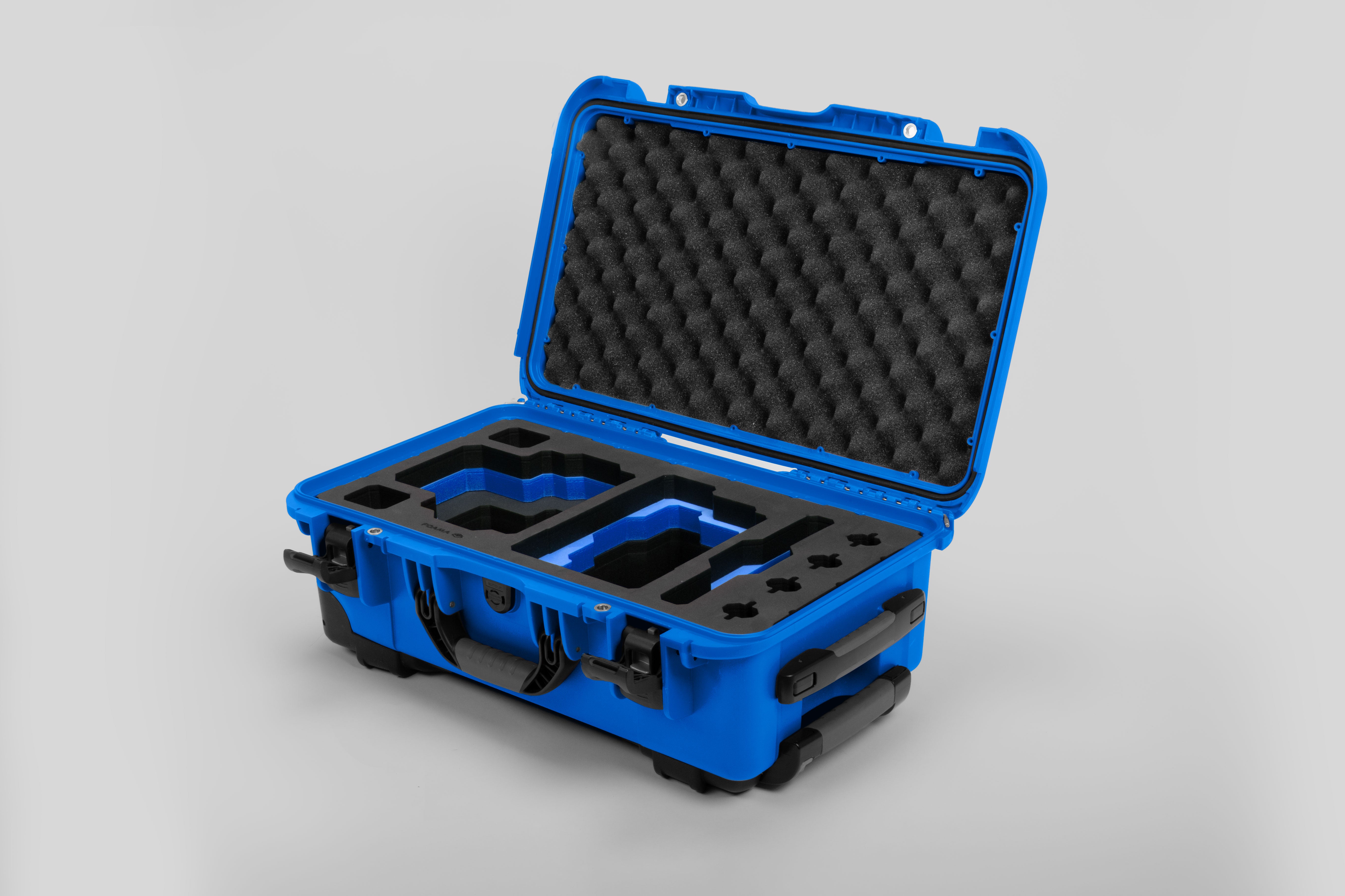 Angle view of Blue Color RED V Raptor Carry-On Case with Blue Layer Custom Foam Insert
