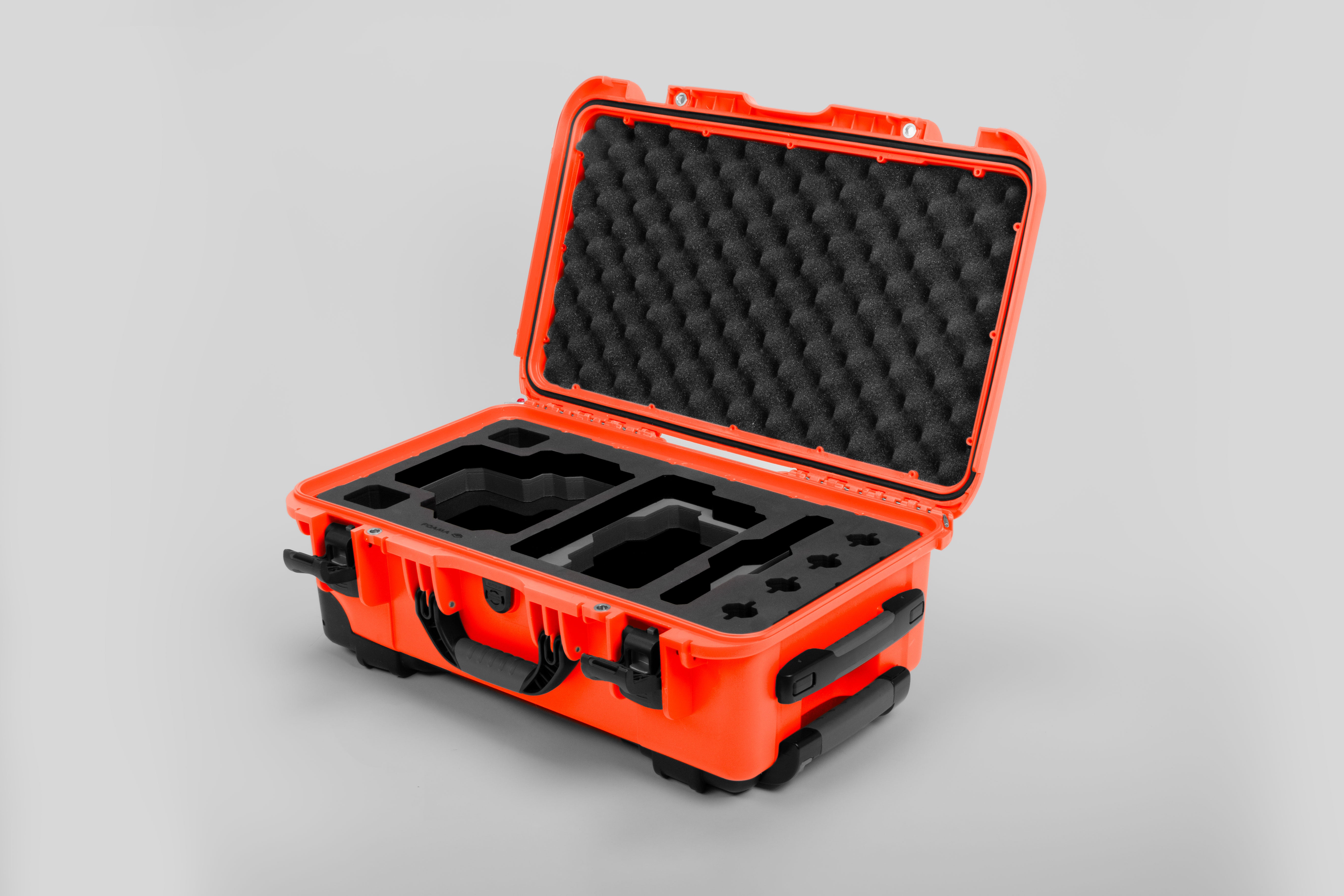 Angle view of Orange Color RED V Raptor Carry-On Case with Black Layer Custom Foam Insert
