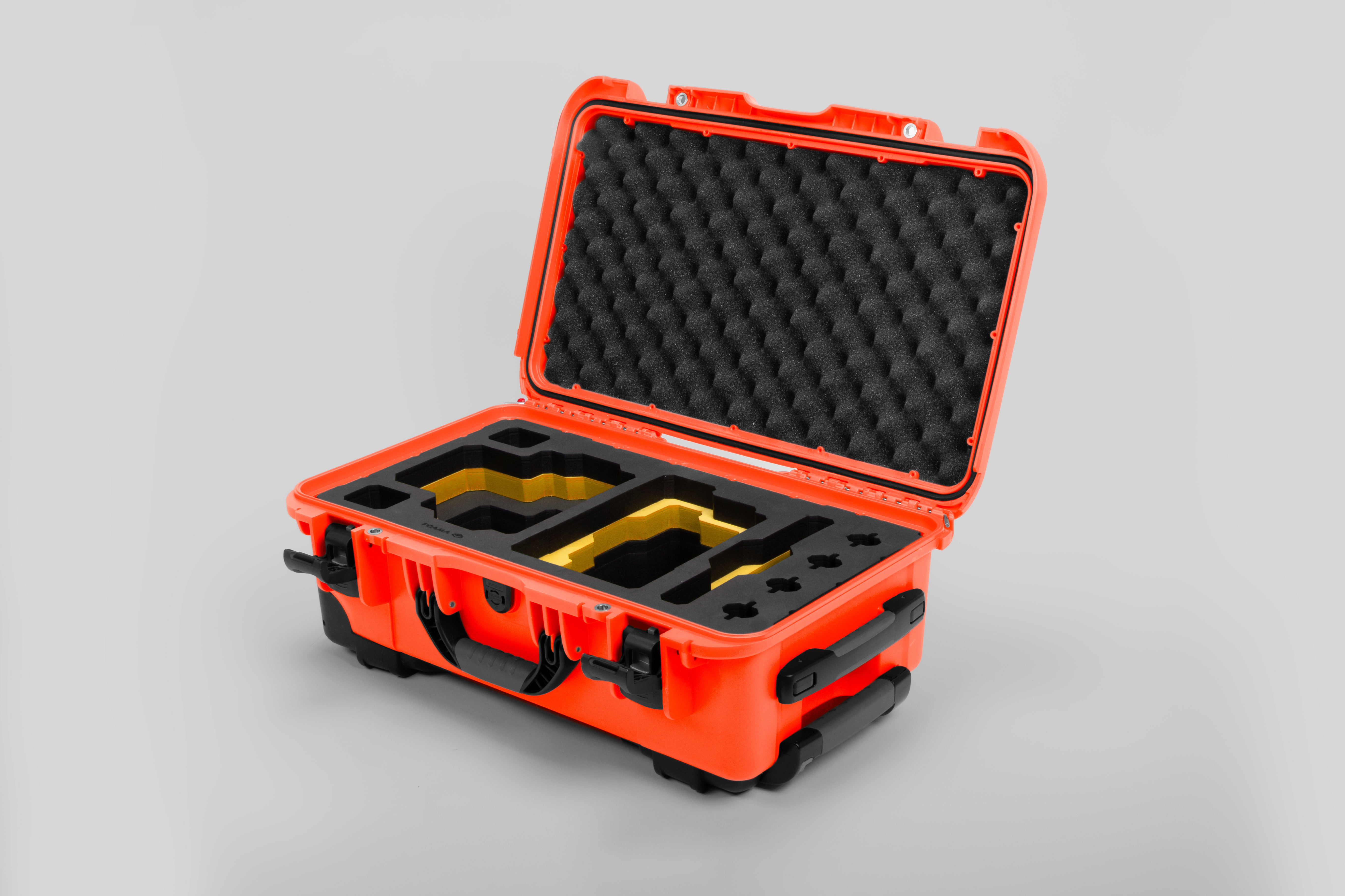 Angle view of Orange Color RED V Raptor Carry-On Case with Yellow Layer Custom Foam Insert
