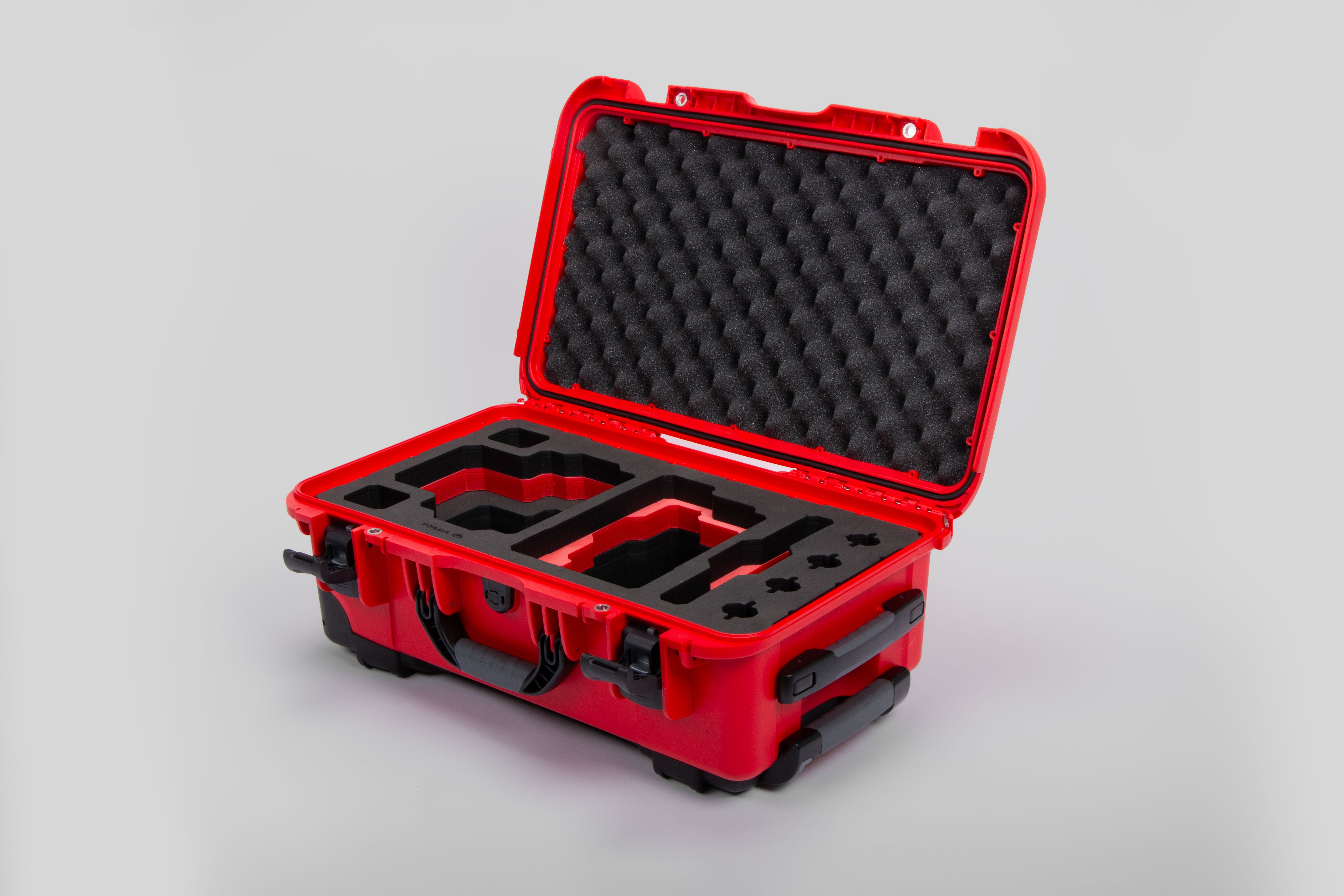 Angle view of Red Color RED V Raptor Carry-On Case with Red Layer Custom Foam Insert