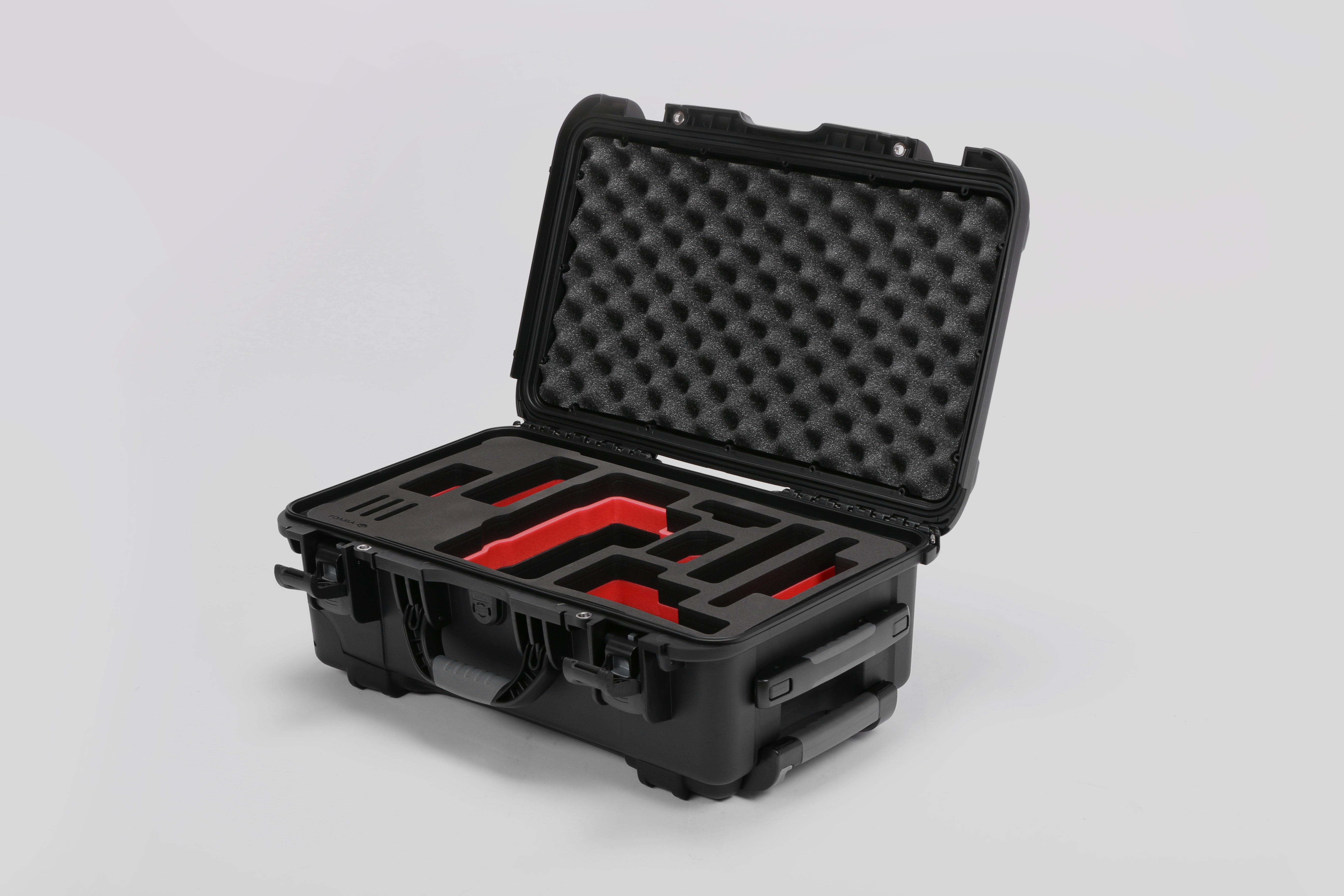 Angled view of Foama Black Color Travel Case and Custom Foam Insert for RED Monstro