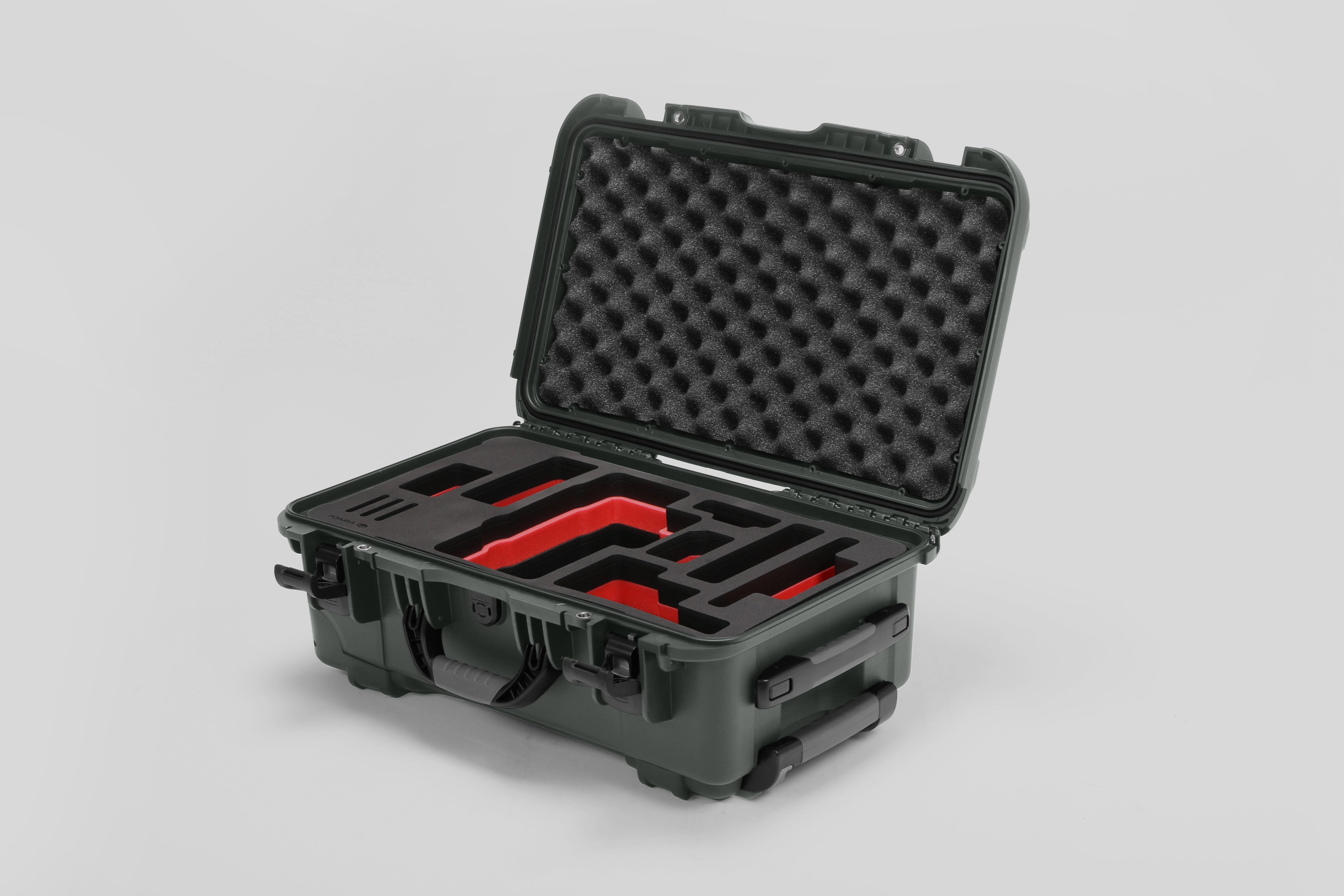 Angled view of Foama Olive Color Travel Case and Custom Foam Insert with Red Layer for RED Monstro