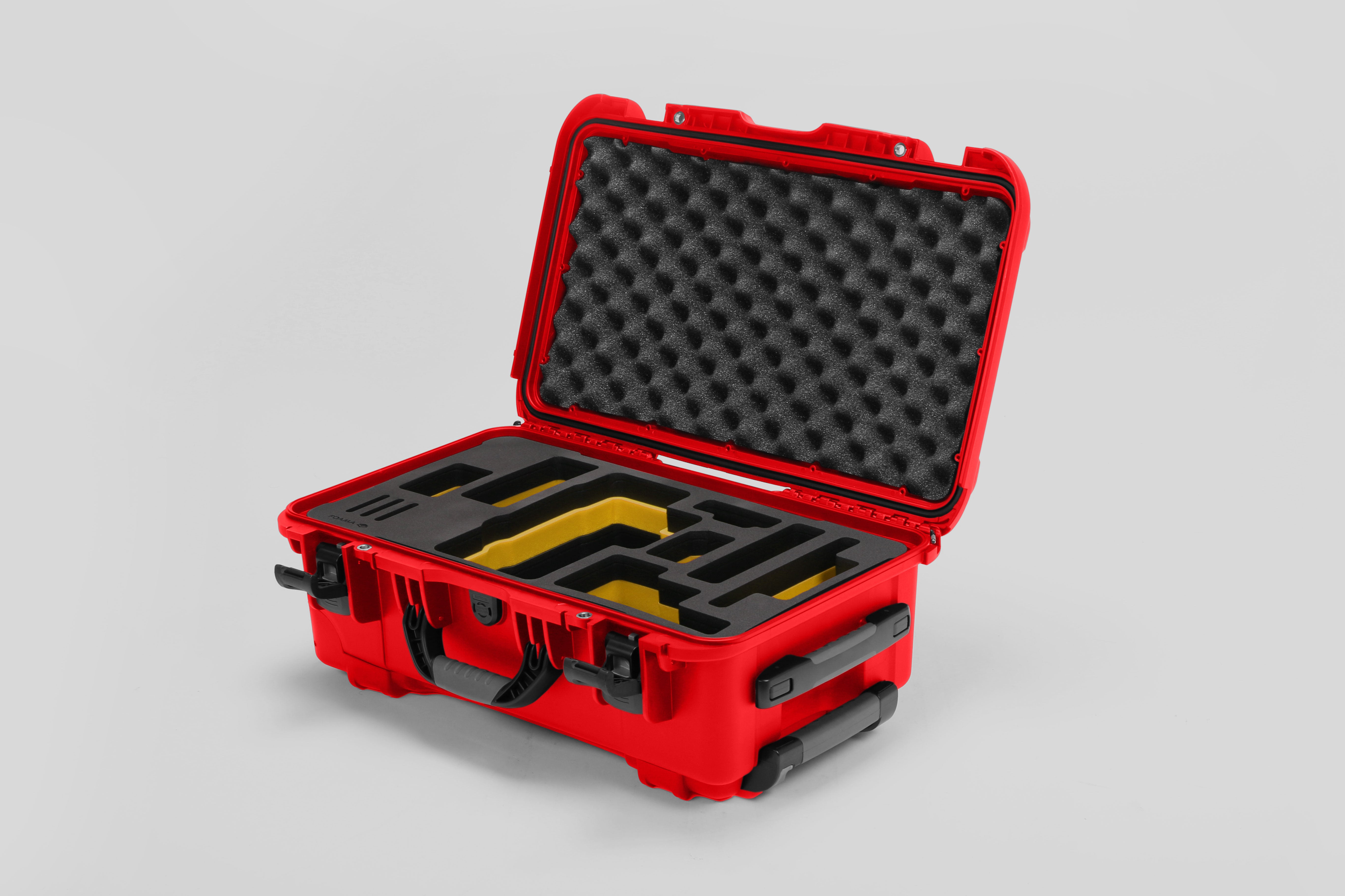 Angled view of Foama Red Color Travel Case and Custom Foam Insert with Yellow Layer for RED Monstro