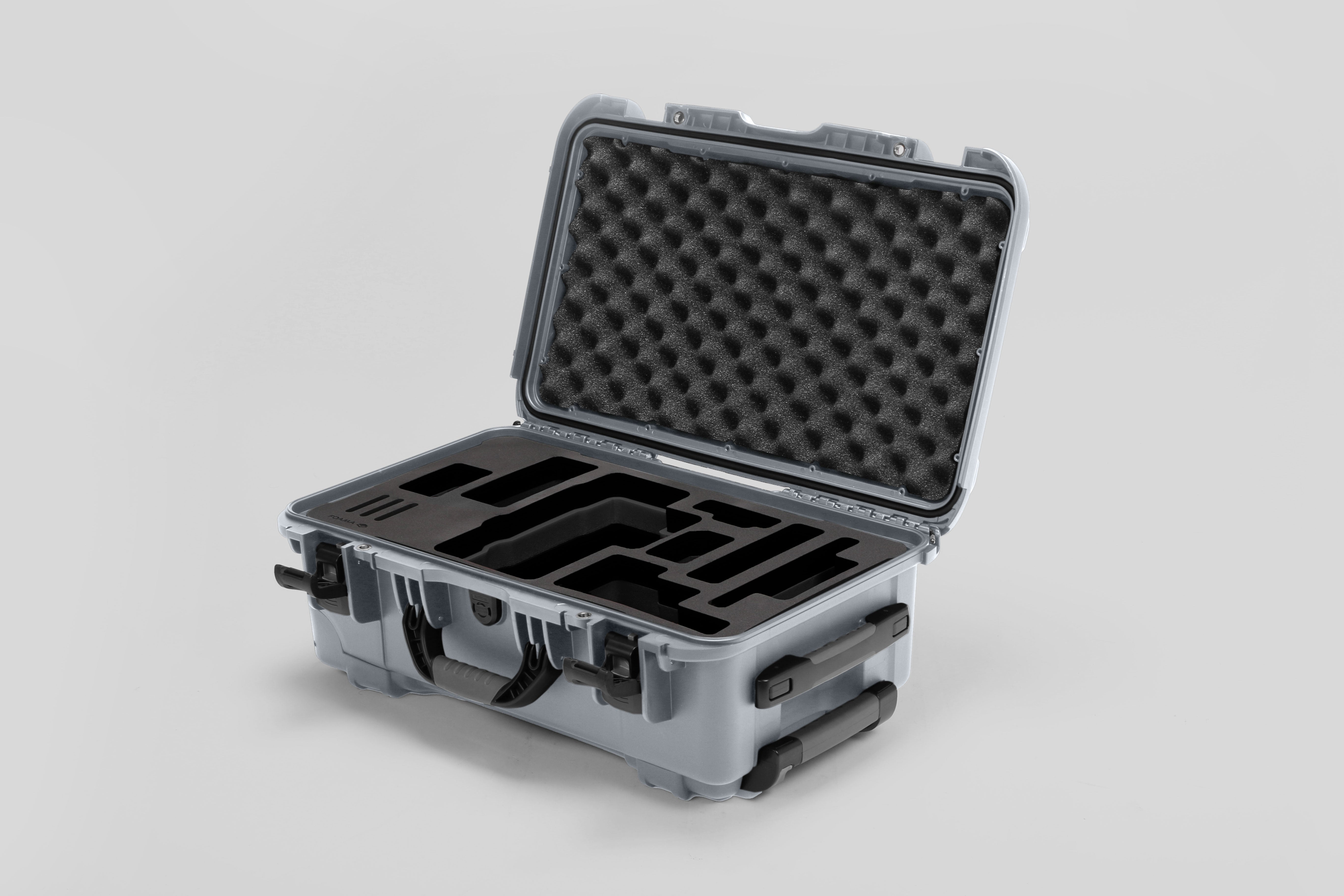 Angled view of Foama Silver Color Travel Case and Custom Foam Insert for RED Monstro