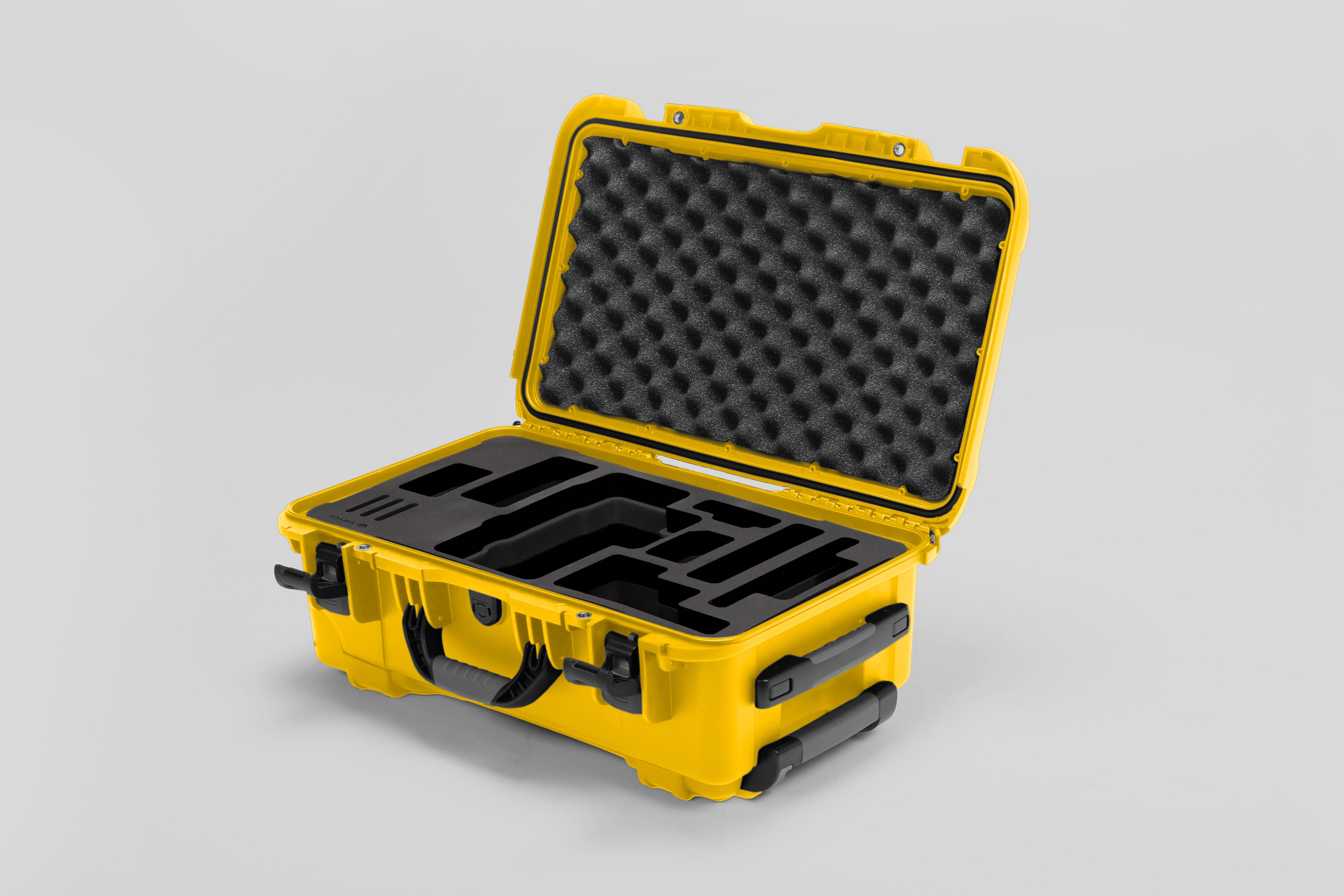 Angled view of Foama Yellow Color Travel Case and Custom Foam Insert for RED Monstro