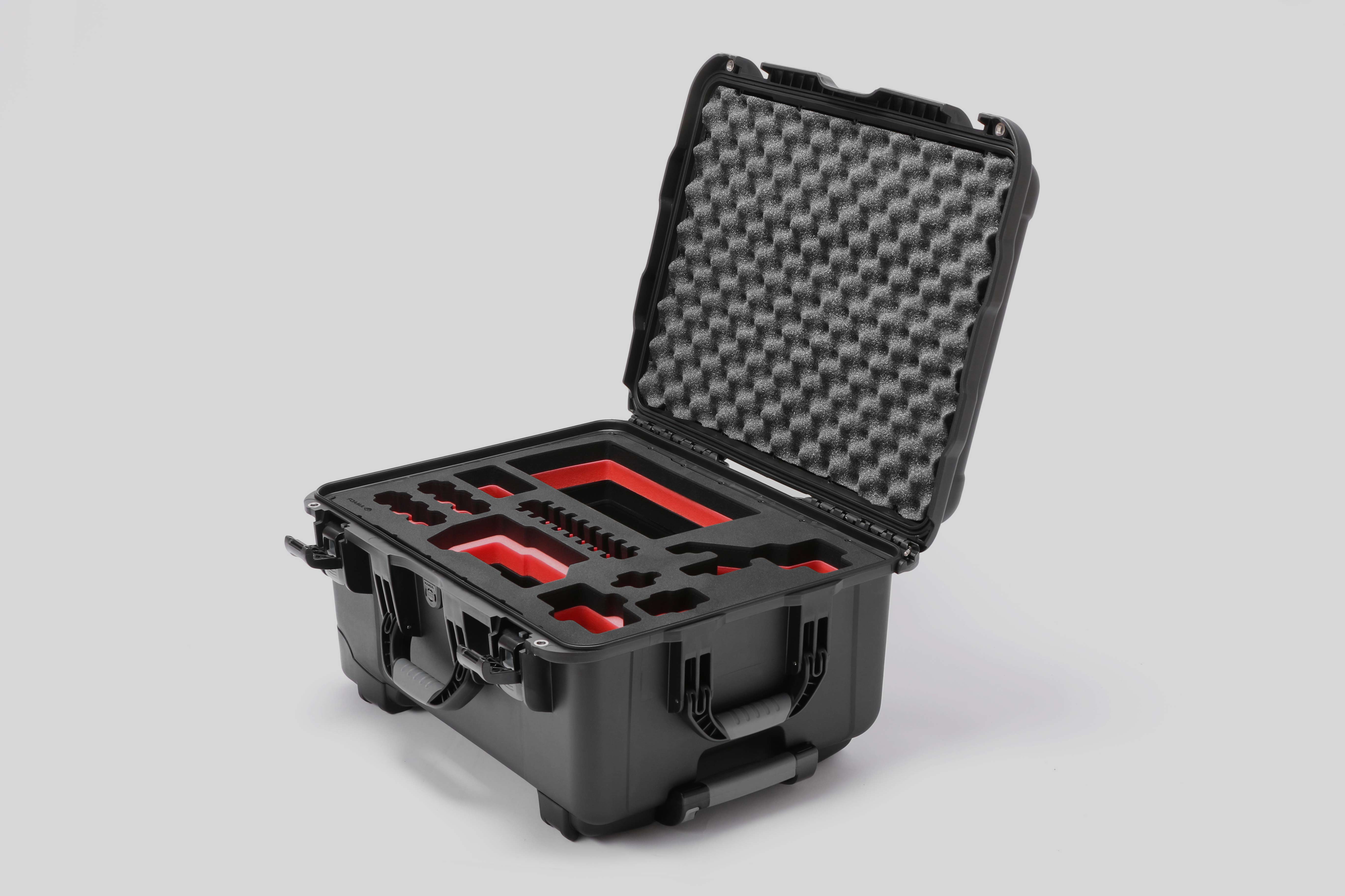 Angled view of Sony FX3 Black Color Studio Case and Custom Foam Insert with Red Layer
