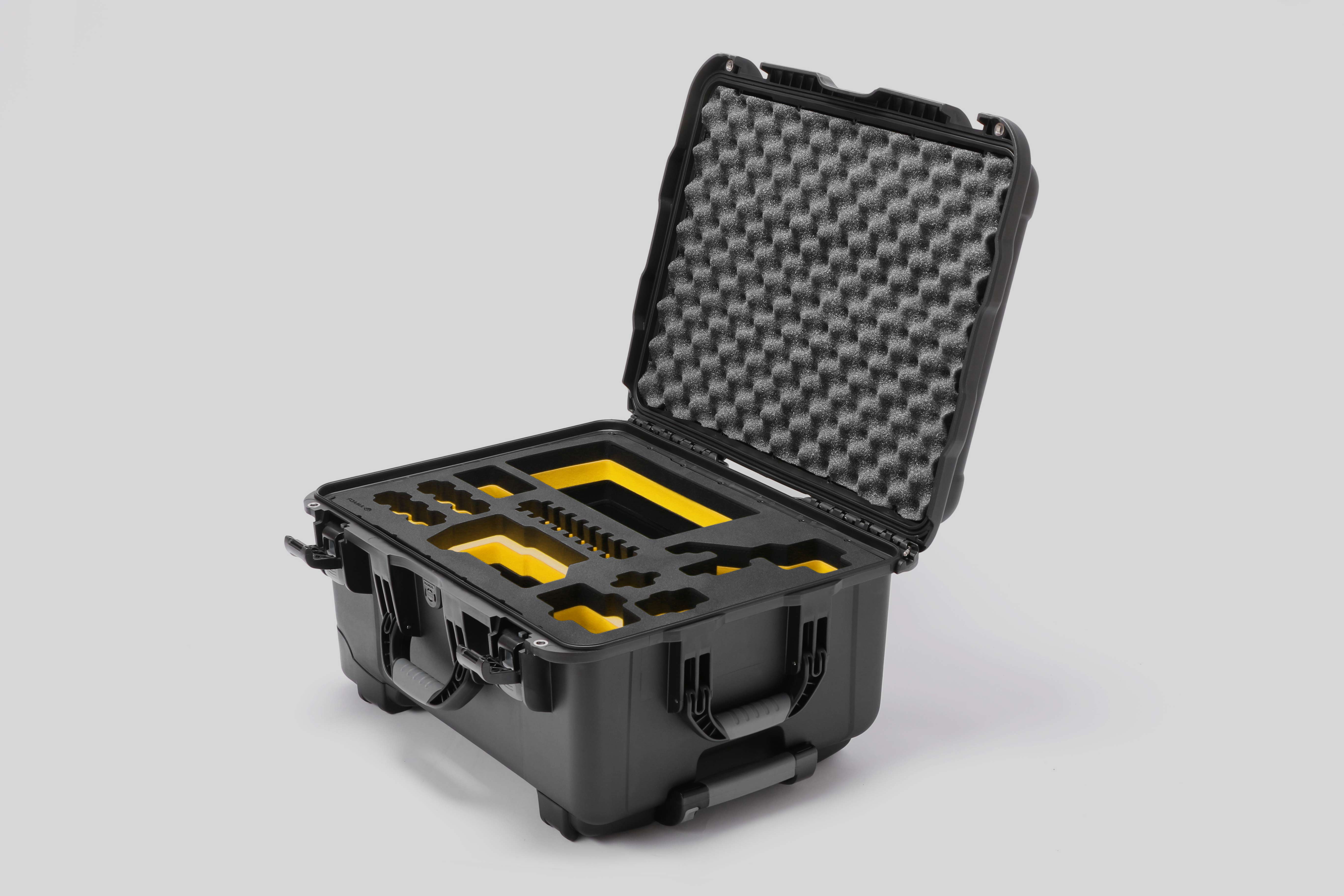 Angled view of Sony FX3 Black Color Studio Case and Custom Foam Insert with a Yellow Layer
