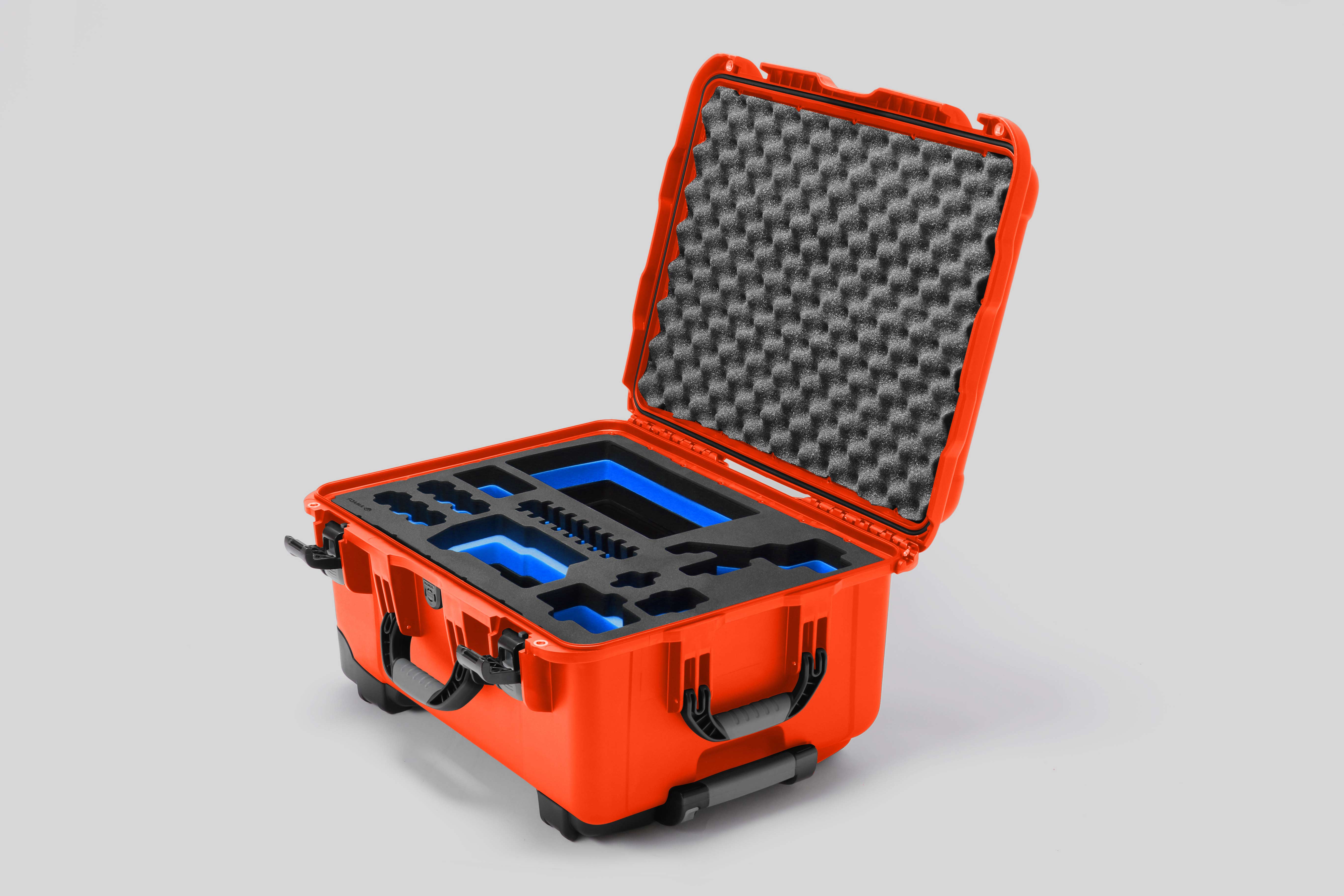 Angled view of Sony FX3 Orange Color Studio Case and Custom Foam Insert with a Blue Layer