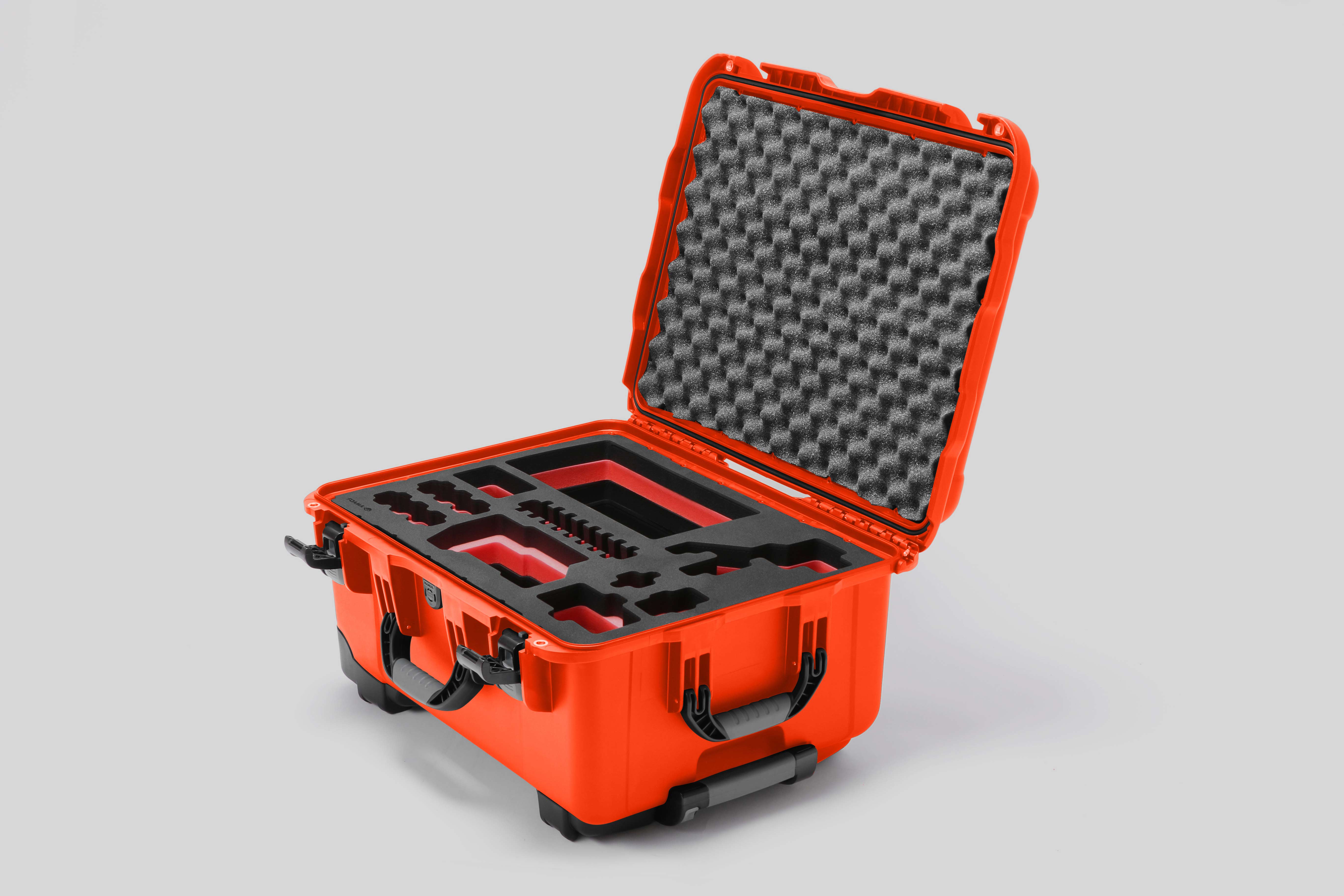 Angled view of Sony FX3 Orange Color Studio Case and Custom Foam Insert with a Red Layer