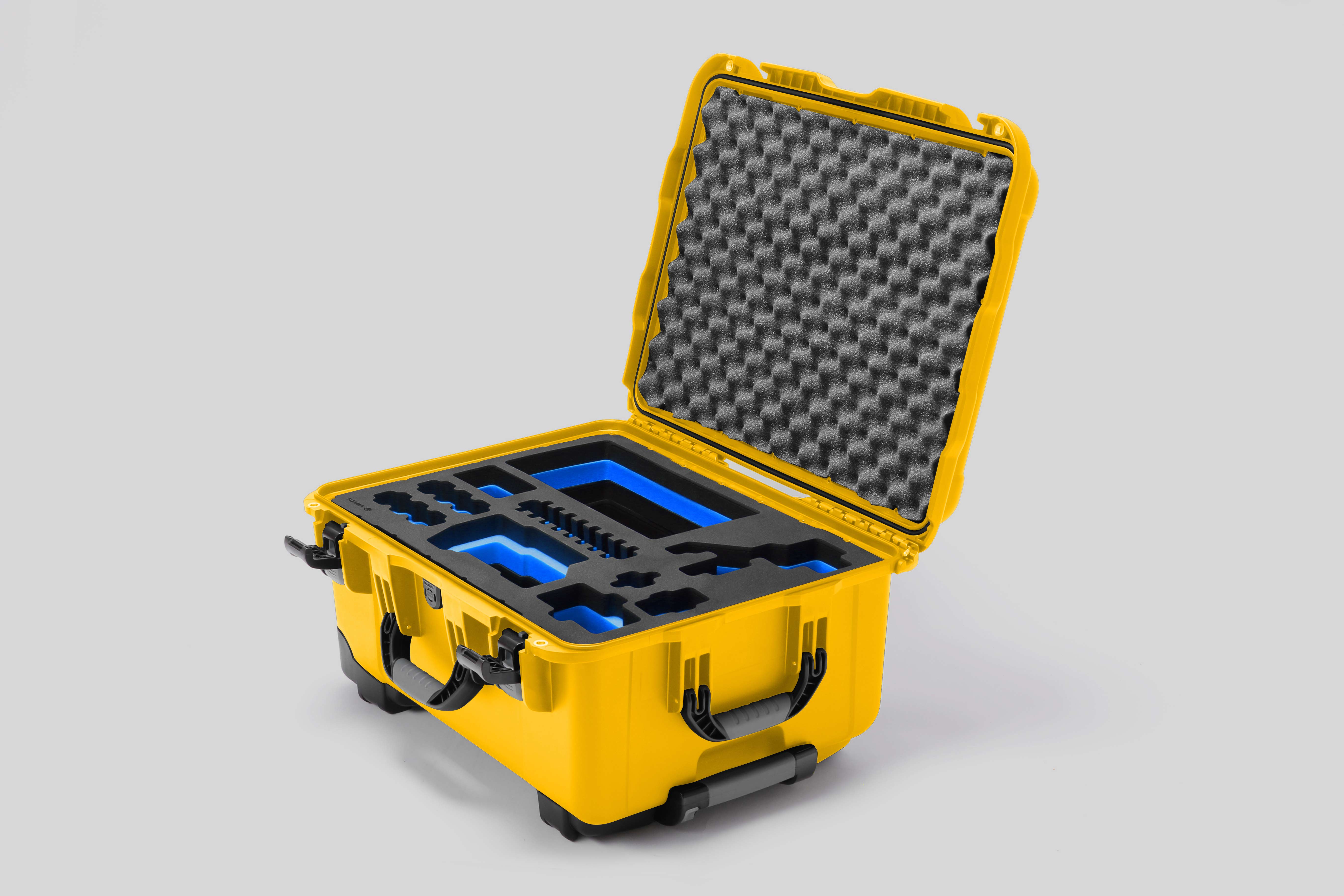 Angled view of Sony FX3 Yellow Color Studio Case and Custom Foam Insert with a Blue Layer
