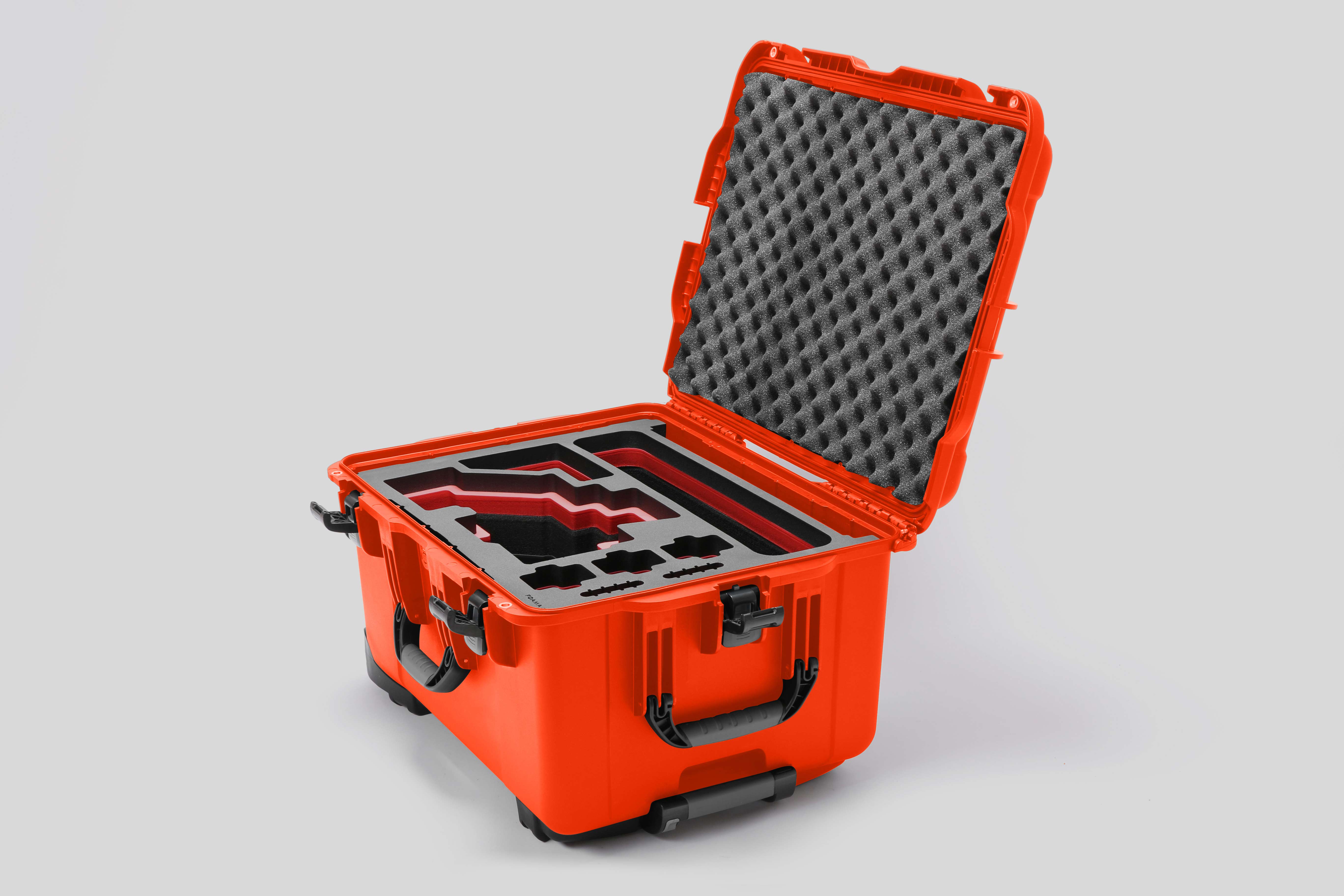 Angled view of Sony FX6 Orange Color Studio Case and Custom Foam Insert with a Red Layer