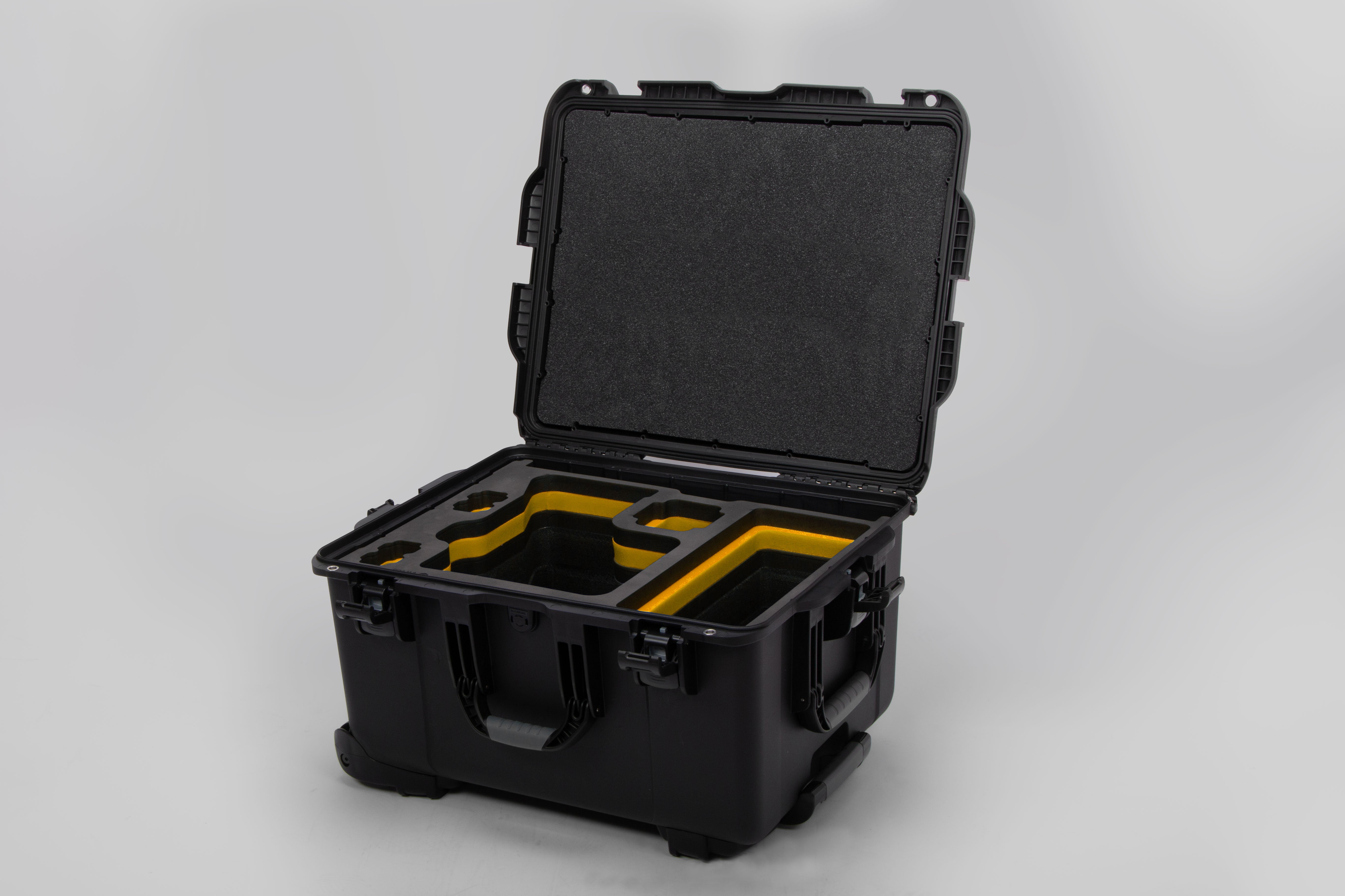 Angle view of Black Color Sony Venice 2 Studio Case with Yellow Layer Custom Foam Insert