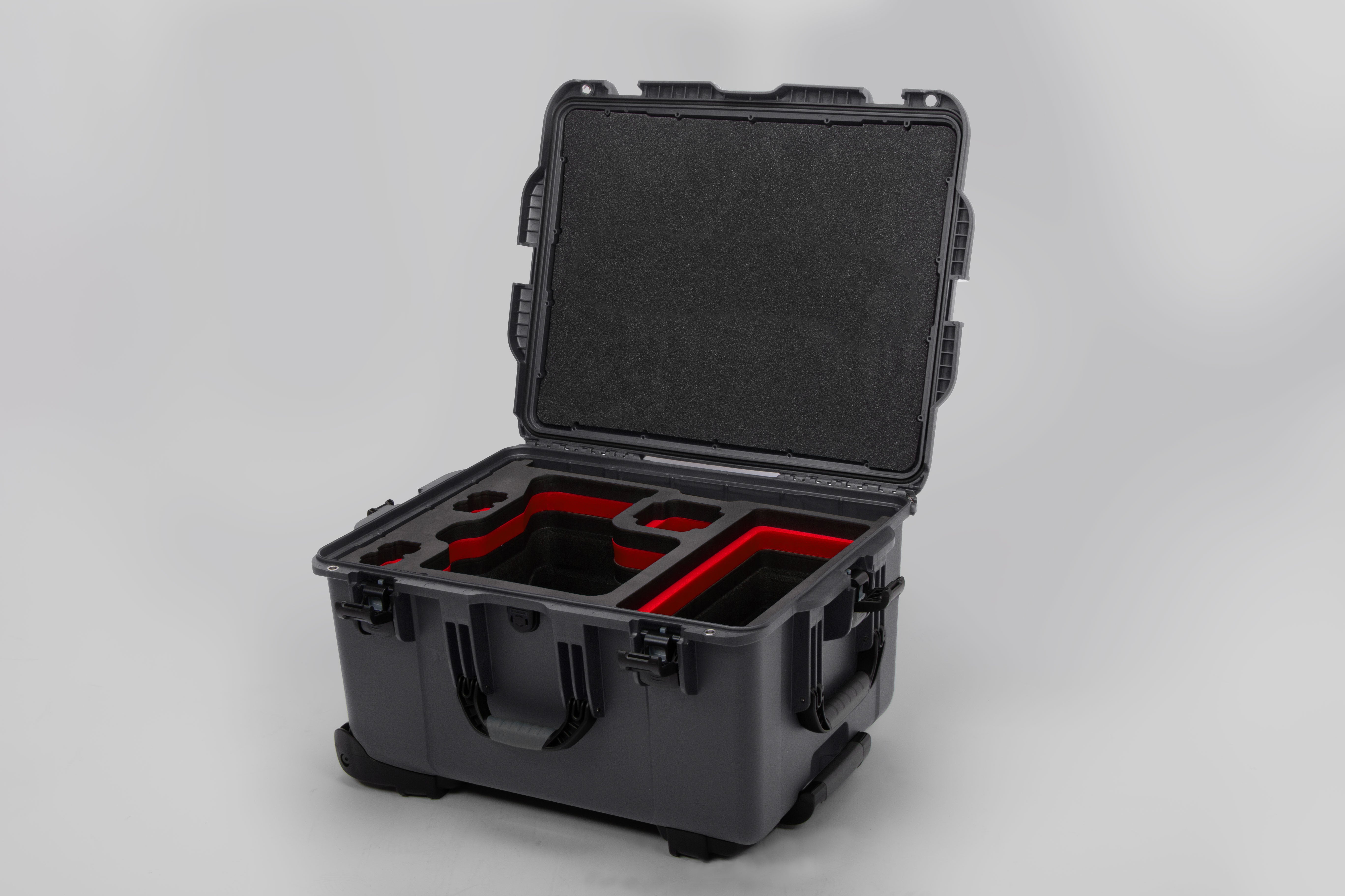 Angle view of Graphite Color Sony Venice 2 Studio Case with Red Layer Custom Foam Insert