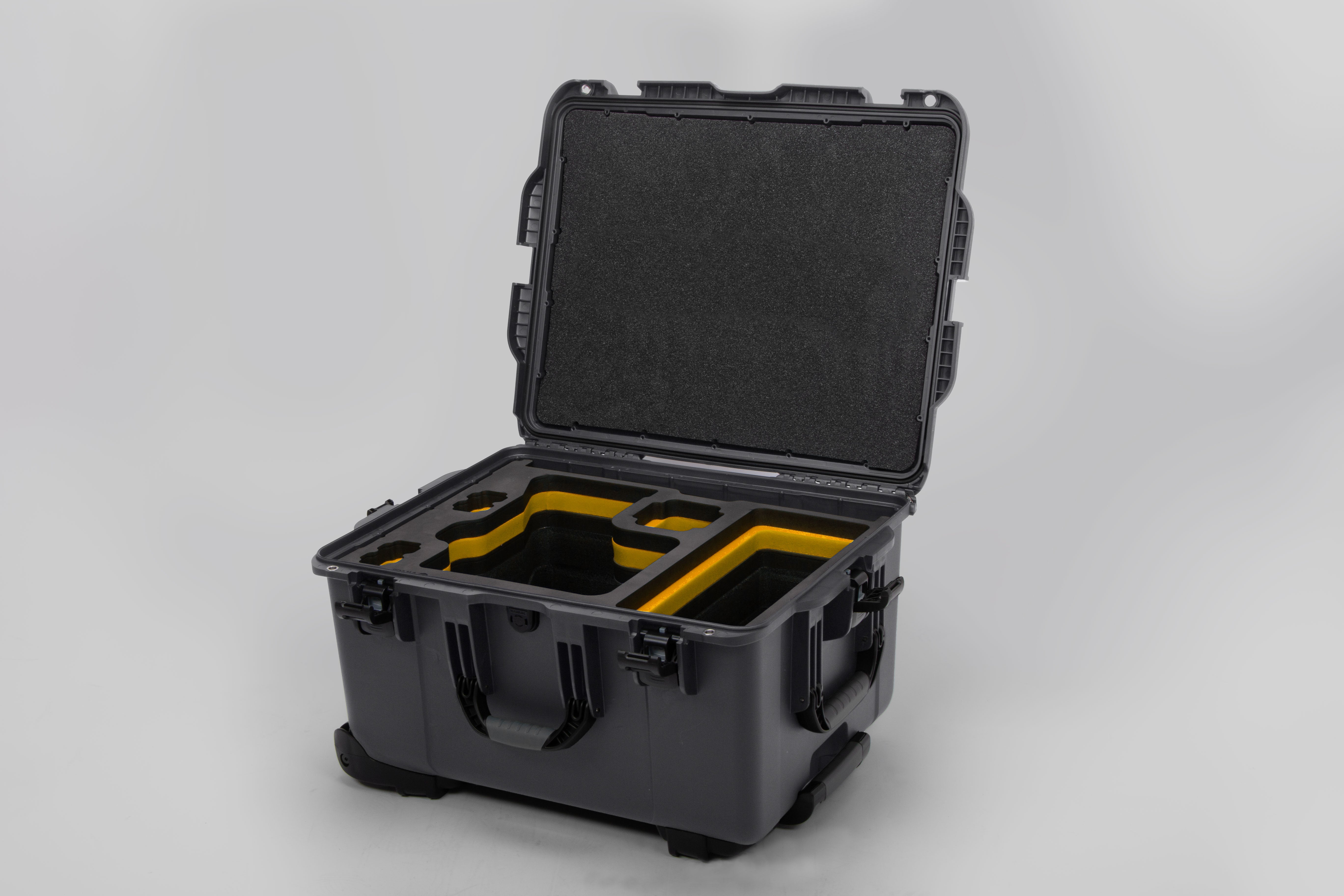 Angle view of Graphite Color Sony Venice 2 Studio Case with Yellow Layer Custom Foam Insert