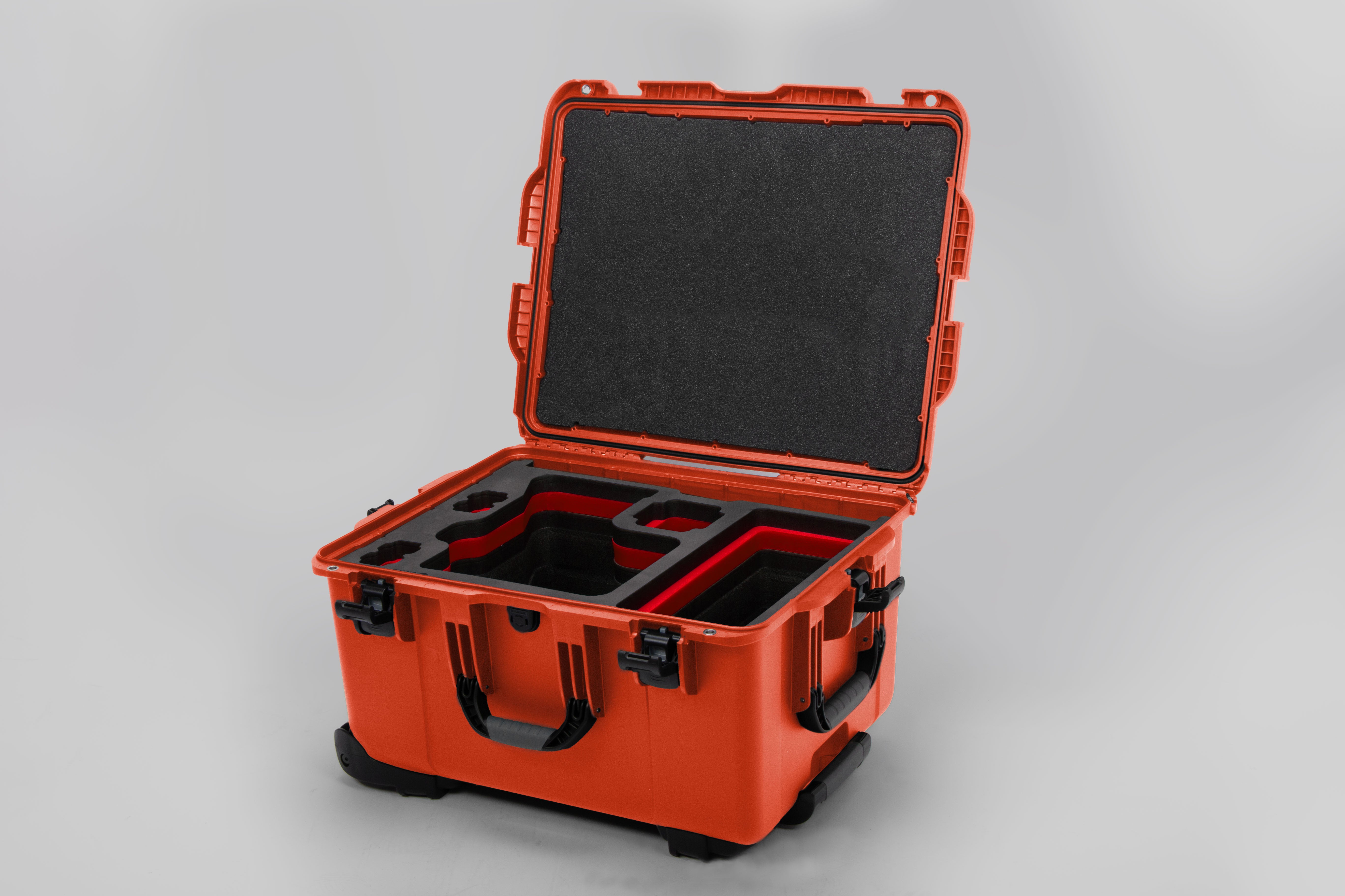 Angle view of Orange Color Sony Venice 2 Studio Case with Red Layer Custom Foam Insert