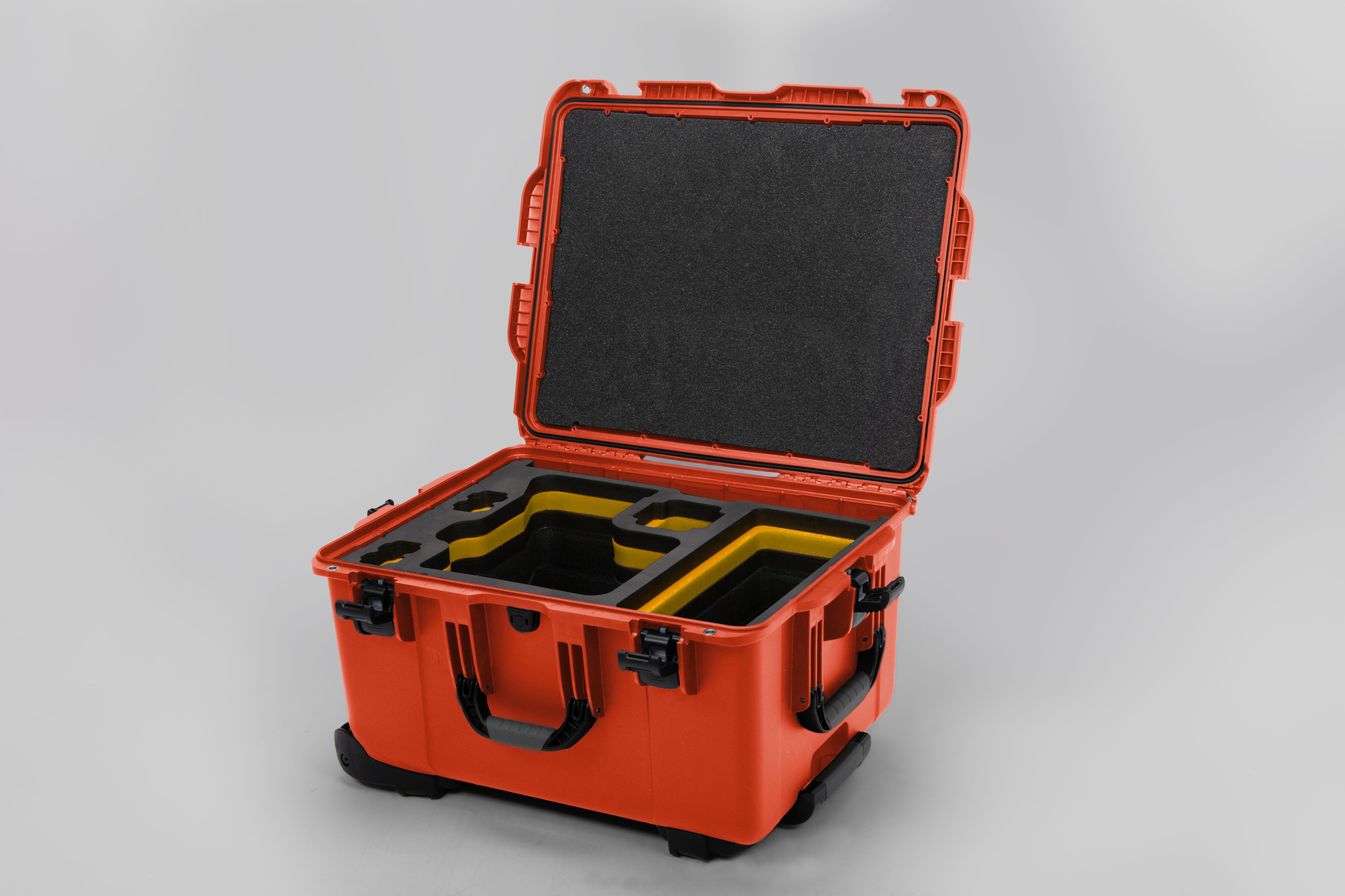 Angle view of Orange Color Sony Venice 2 Studio Case with Yellow Layer Custom Foam Insert