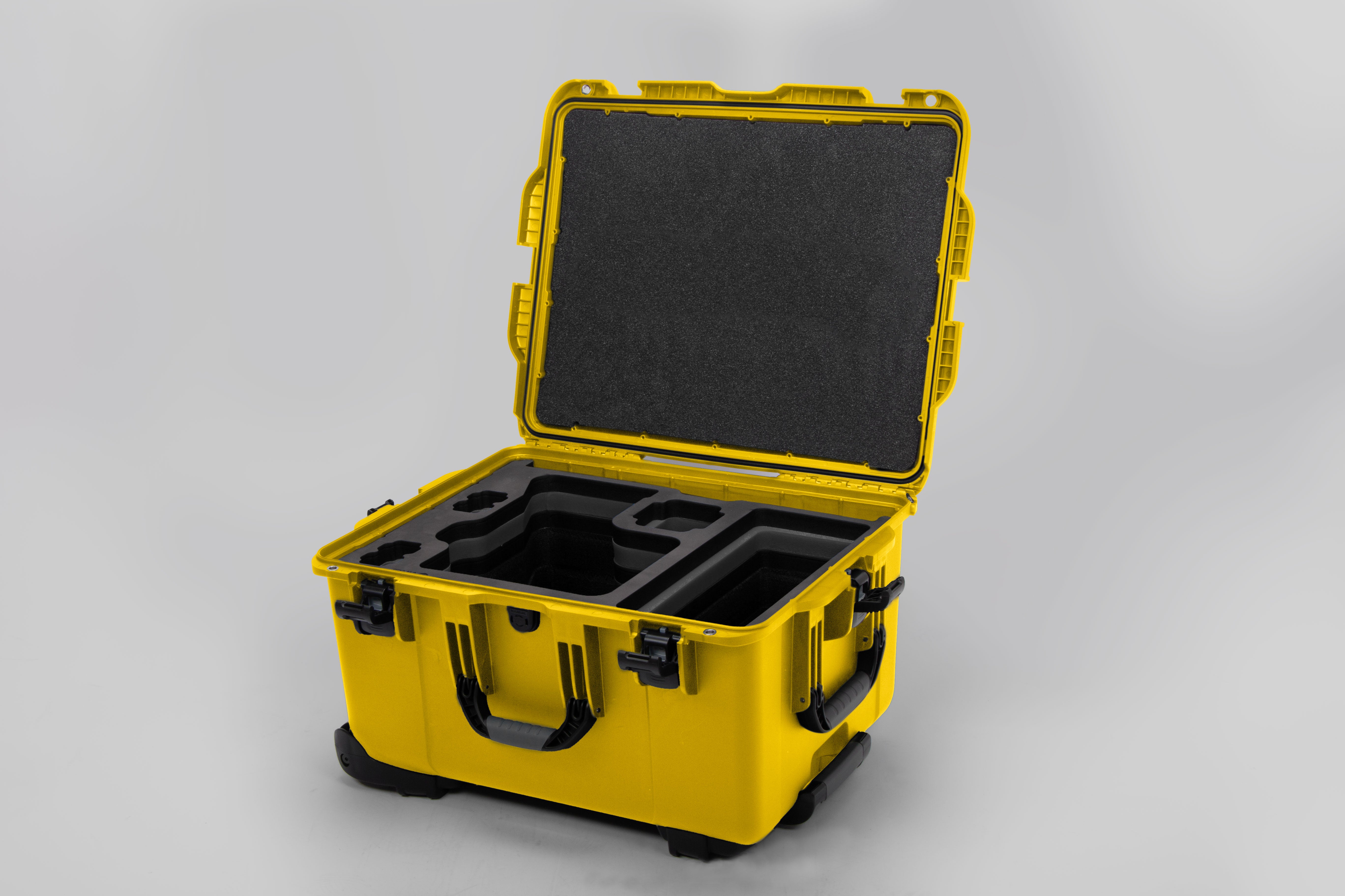 Angle view of Yellow Color Sony Venice 2 Studio Case with Black Layer Custom Foam Insert
