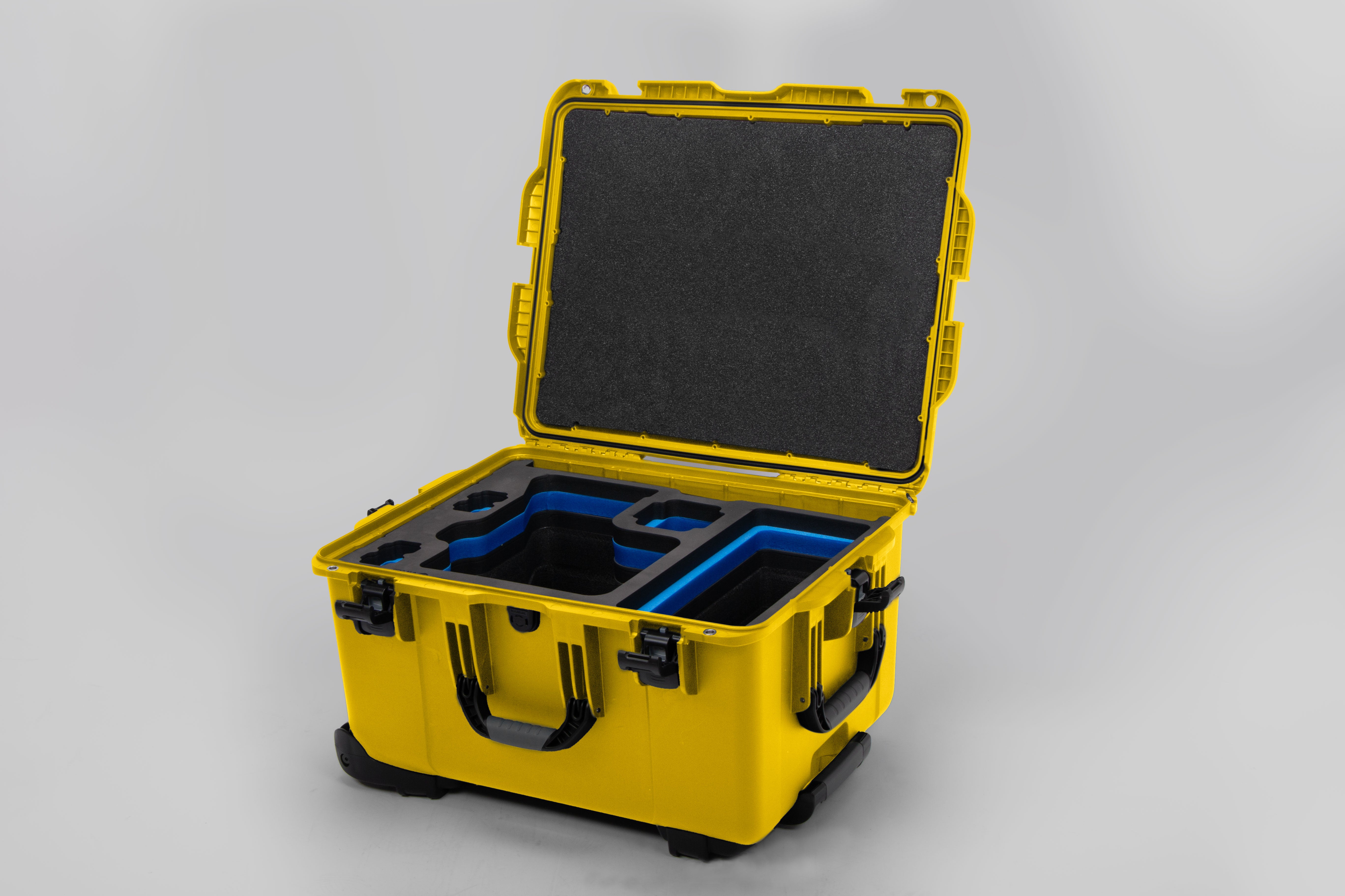 Angle view of Yellow Color Sony Venice 2 Studio Case with Blue Layer Custom Foam Insert