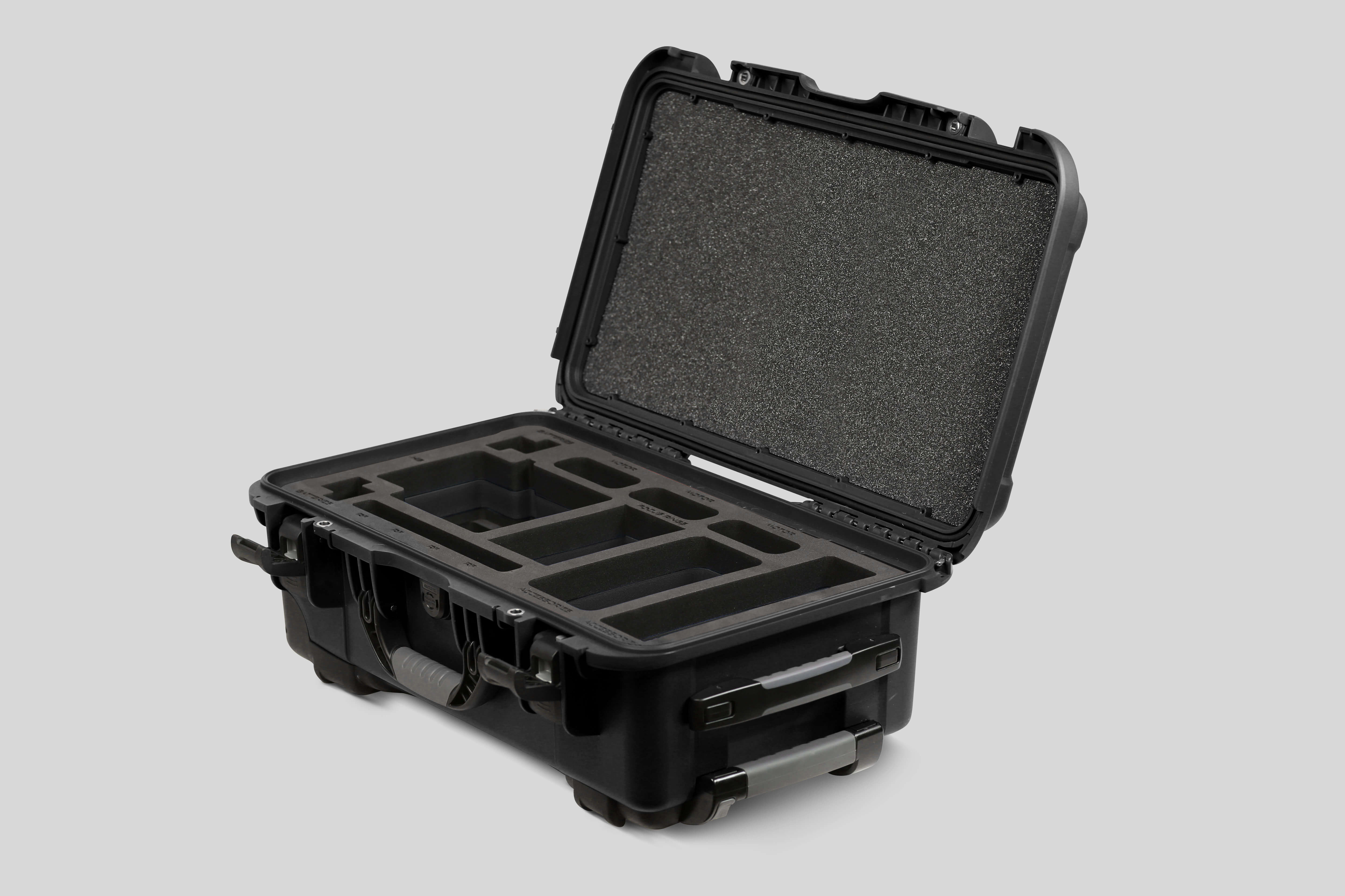 Angle view of Black Color ARRI HI-5 Carry-On Case with Black Layer Custom Foam Insert