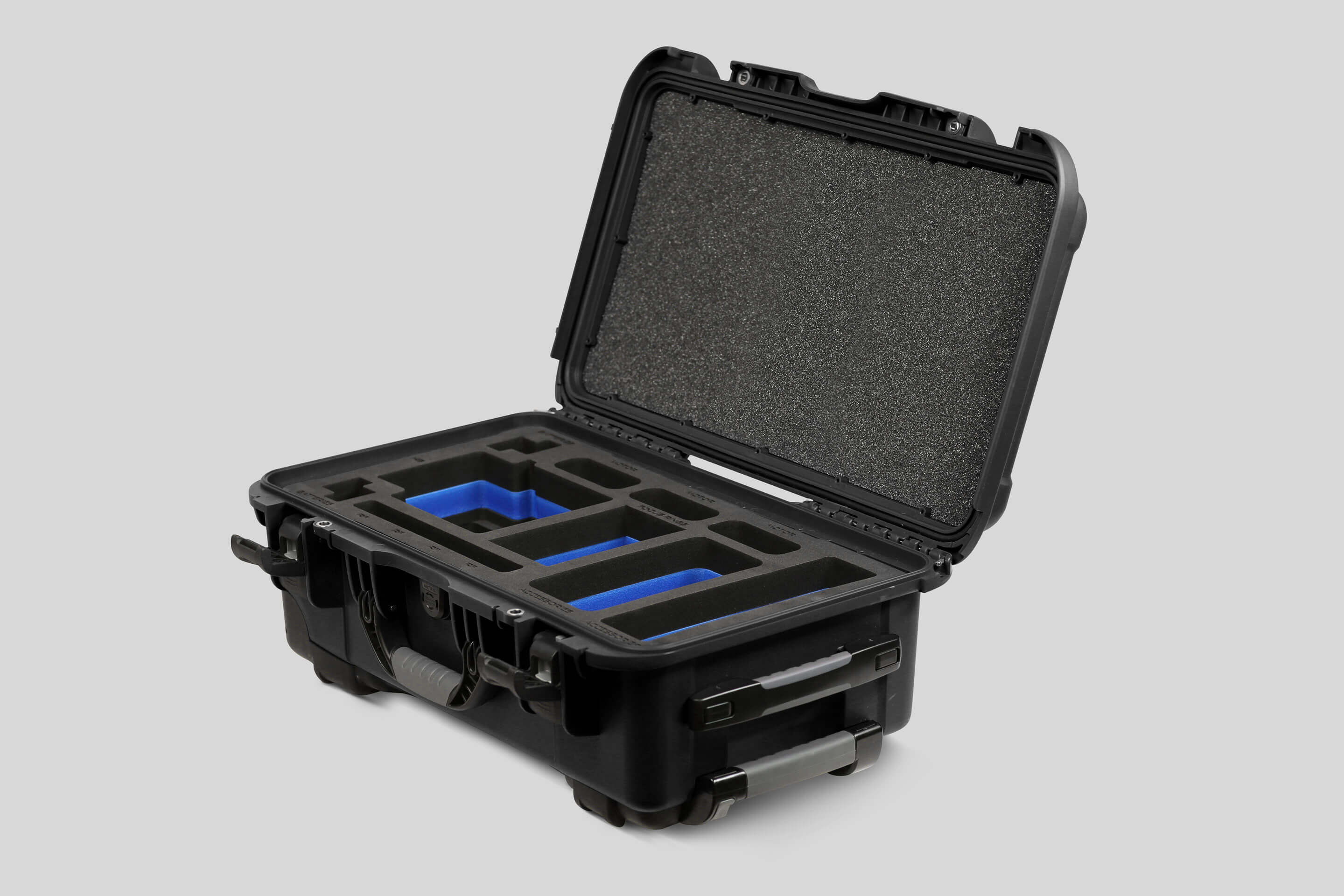 Angle view of Black Color ARRI HI-5 Carry-On Case with Blue Layer Custom Foam Insert