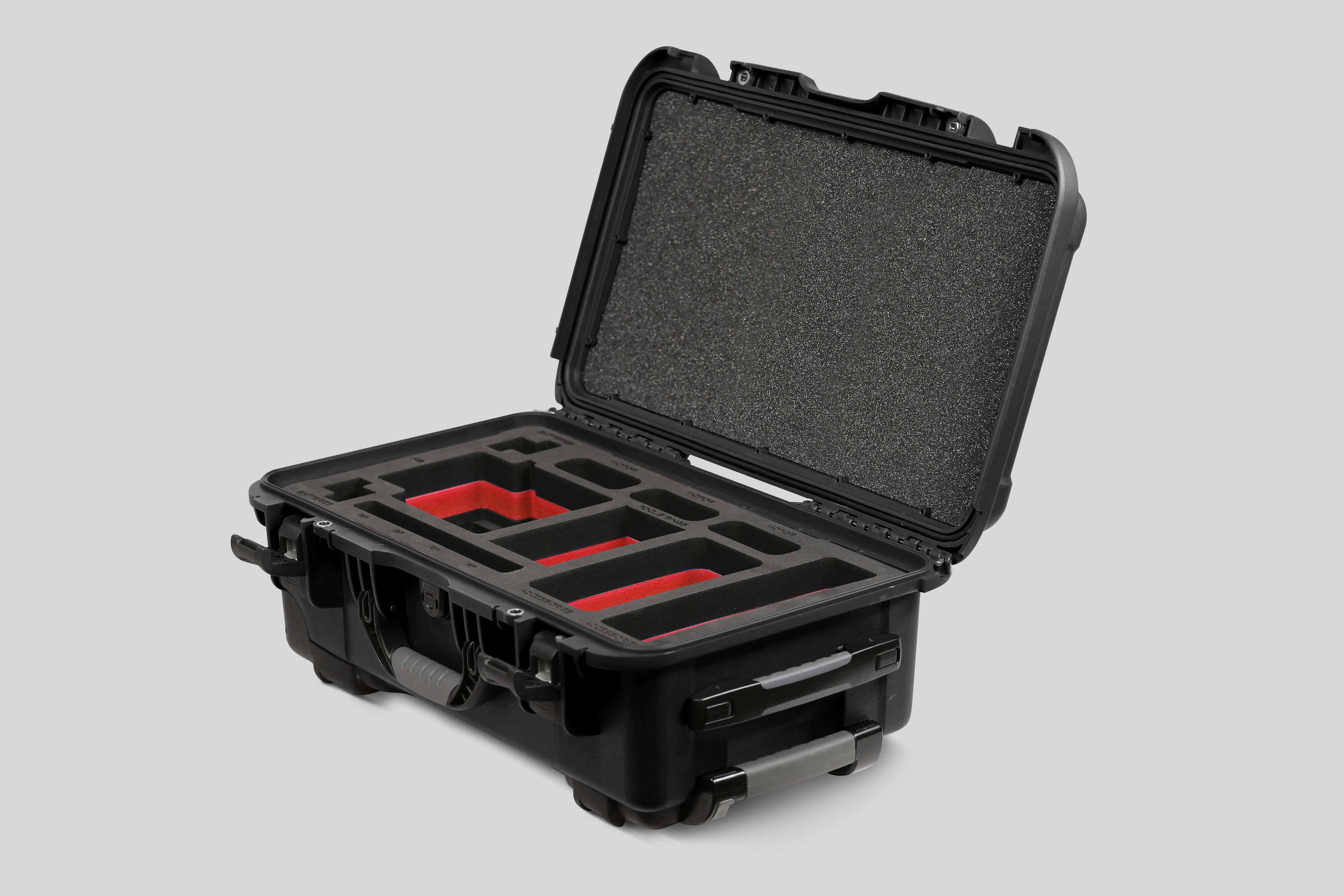 Angle view of Black Color ARRI HI-5 Carry-On Case with Red Layer Custom Foam Insert