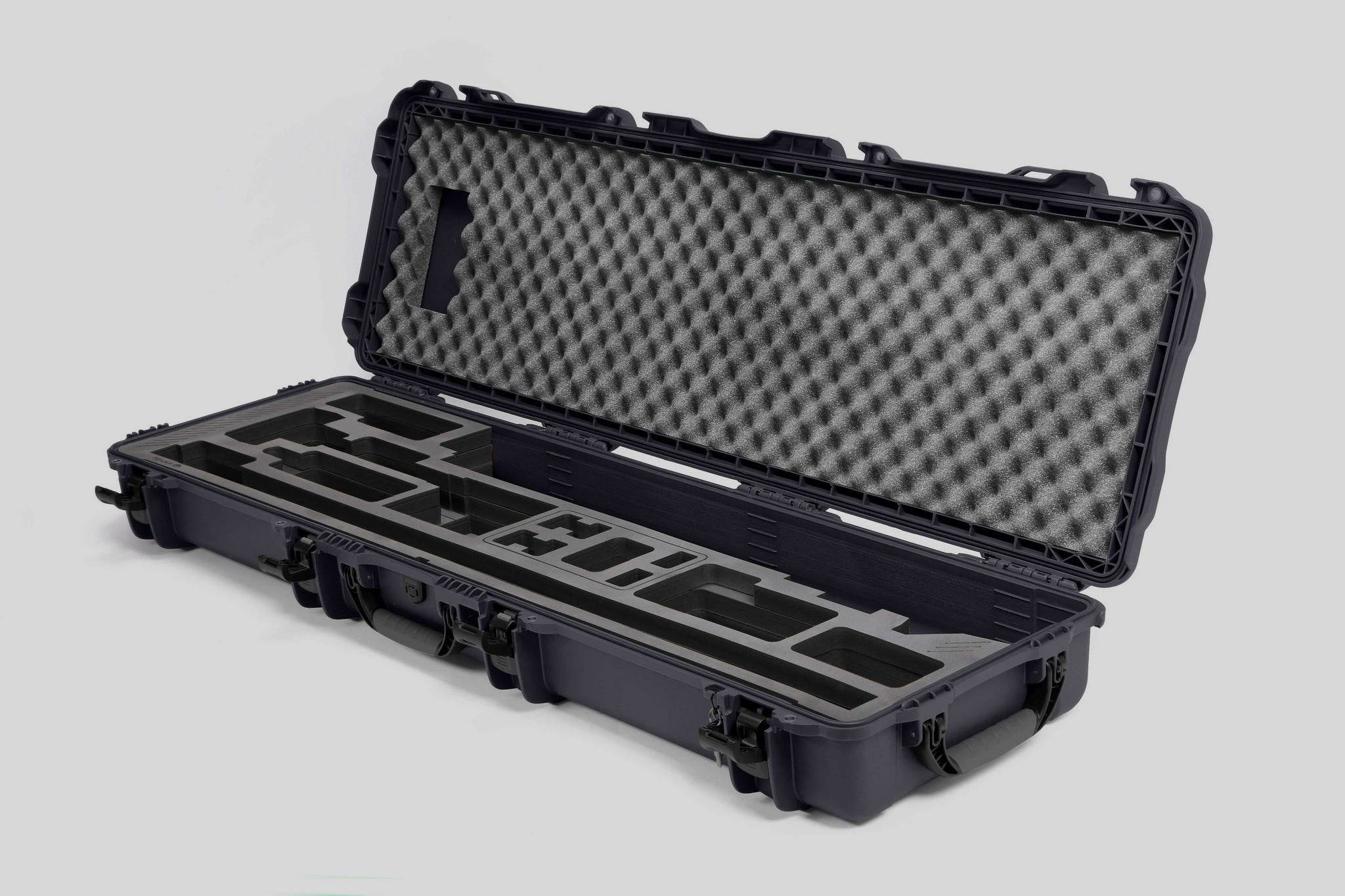Angled view of Foama Fortified Graphite Color Hard Case and Black Custom Foam Insert for DJI D-RTK 2 Mobile Station
