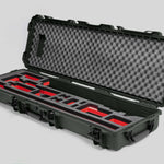 Angled view of Foama Fortified Olive Color Hard Case and Custom Foam Insert with Red Layer for DJI D-RTK 2 Mobile Station