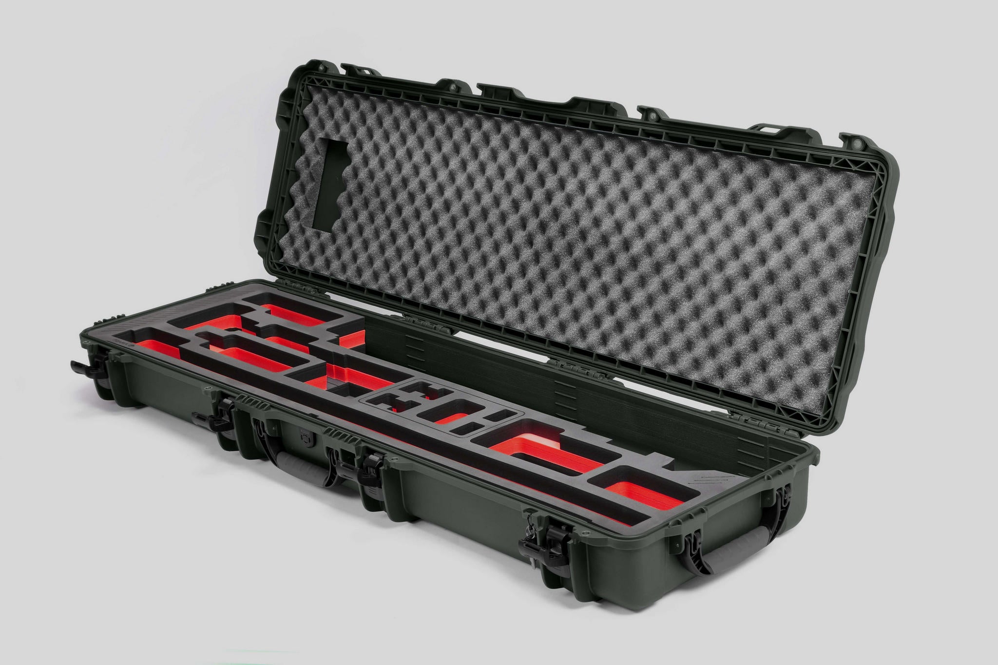 Angled view of Foama Fortified Olive Color Hard Case and Custom Foam Insert with Red Layer for DJI D-RTK 2 Mobile Station
