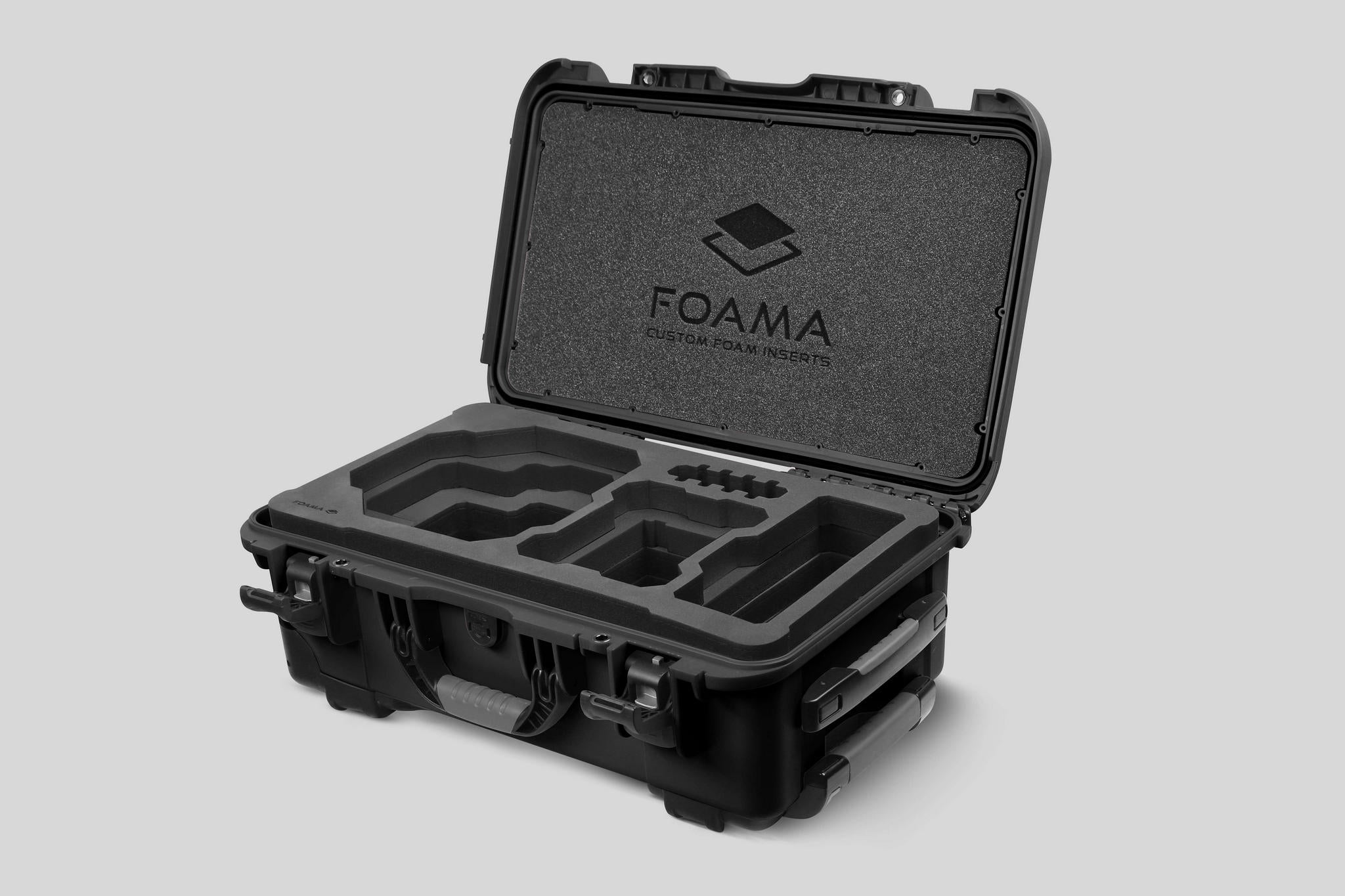 Angled view of Foama Black Color Carry-on case and Custom Foam Insert for RED Komodo-X