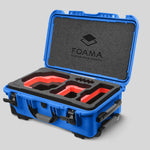 Angled view of Foama Blue Color Carry-on case and Custom Foam Insert with Red Layer for RED Komodo-X