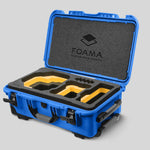 Angled view of Foama Blue Color Carry-on case and Custom Foam Insert with Yellow Layer for RED Komodo-X