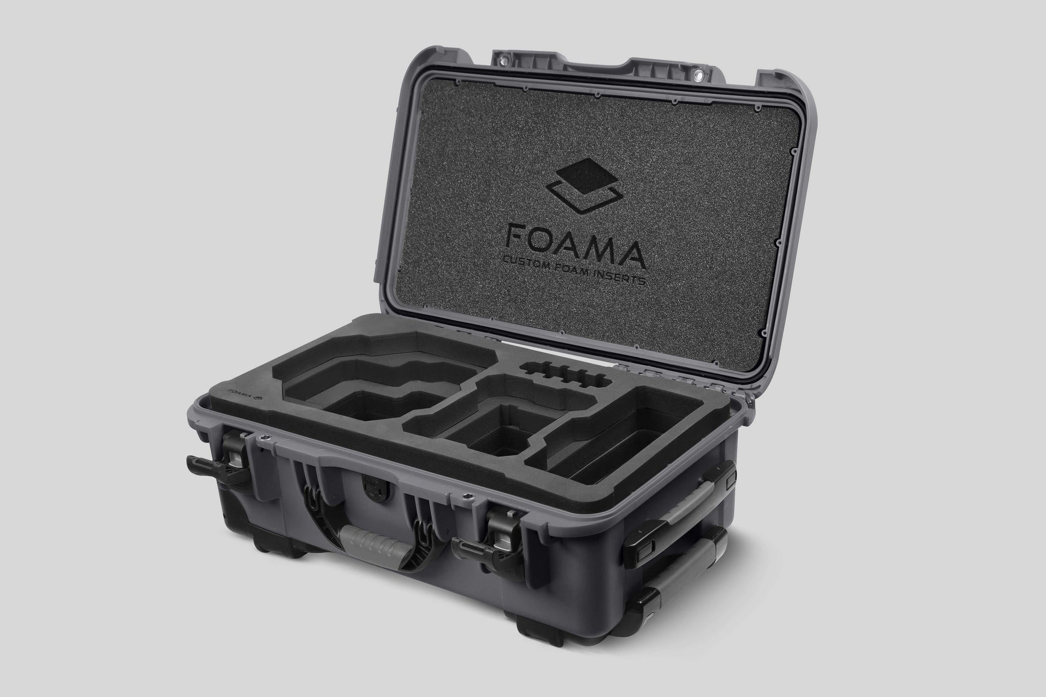 Angled view of Foama Graphite Color Carry-on case and Custom Foam Insert for RED Komodo-X