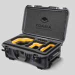 Angled view of Foama Graphite Color Carry-on case and Custom Foam Insert with Yellow Layer for RED Komodo-X