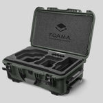 Angled view of Foama Olive Color Carry-on case and Custom Foam Insert for RED Komodo-X