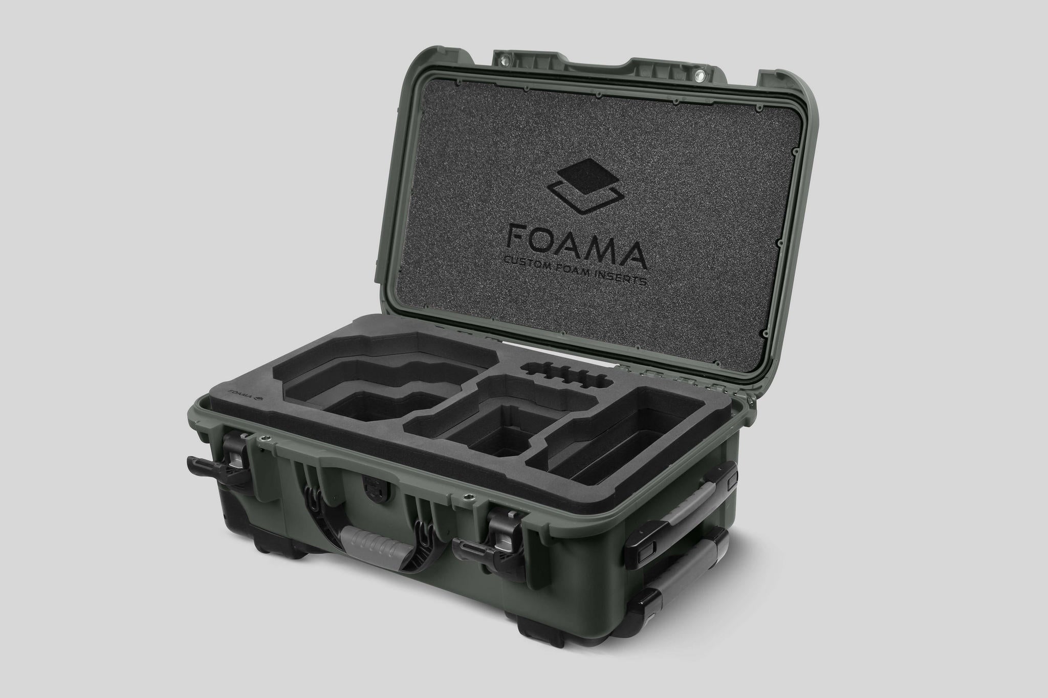 Angled view of Foama Olive Color Carry-on case and Custom Foam Insert for RED Komodo-X