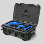 Angled view of Foama Olive Color Carry-on case and Custom Foam Insert with Blue Layer for RED Komodo-X