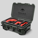 Angled view of Foama Olive Color Carry-on case and Custom Foam Insert with Red Layer for RED Komodo-X