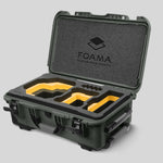 Angled view of Foama Olive Color Carry-on case and Custom Foam Insert with Yellow Layer for RED Komodo-X