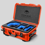 Angled view of Foama Orange Color Carry-on case and Custom Foam Insert with Blue Layer for RED Komodo-X