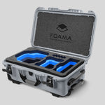 Angled view of Foama Silver Color Carry-on case and Custom Foam Insert with Blue Layer for RED Komodo-X