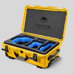 Angled view of Foama Yellow Color Carry-on case and Custom Foam Insert with Blue Layer for RED Komodo-X
