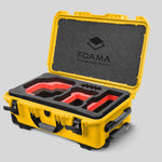 Angled view of Foama Yellow Color Carry-on case and Custom Foam Insert with Red Layer for RED Komodo-X