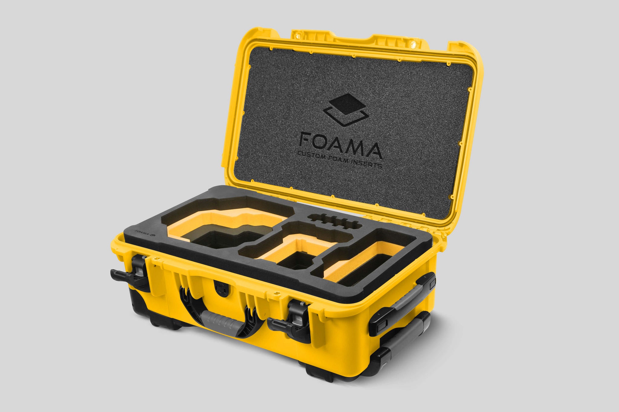 Angled view of Foama Yellow Color Carry-on case and Custom Foam Insert with Yellow Layer for RED Komodo-X